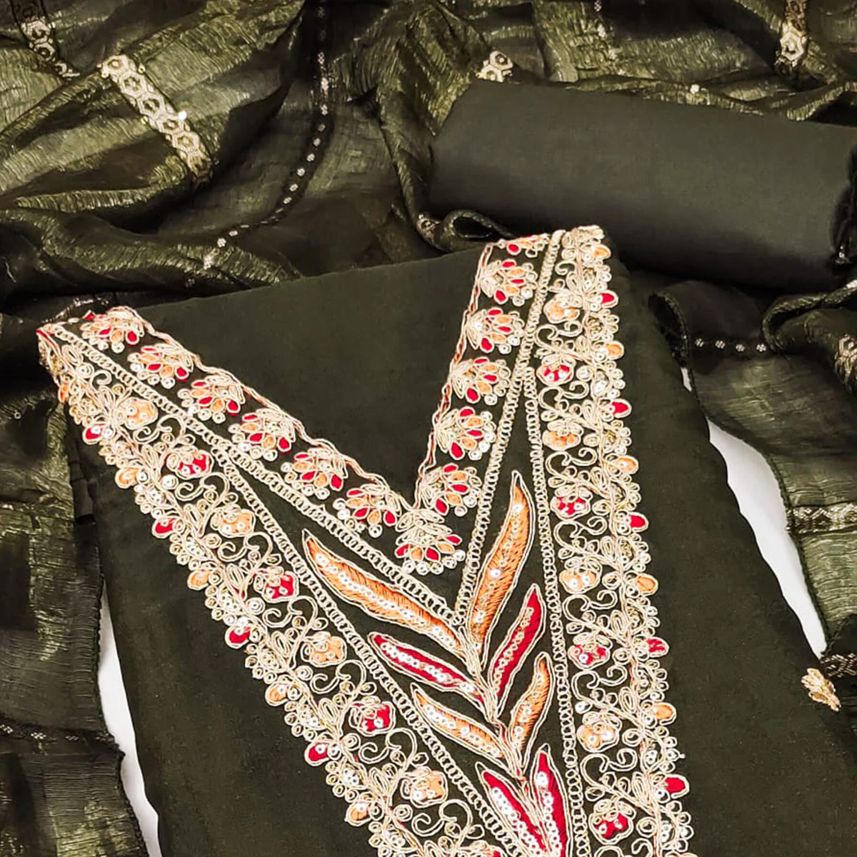 Mehendi Green Georgette Dress Material Embellished With Floral Cording Embroidery & Sequin Accents - Image 2