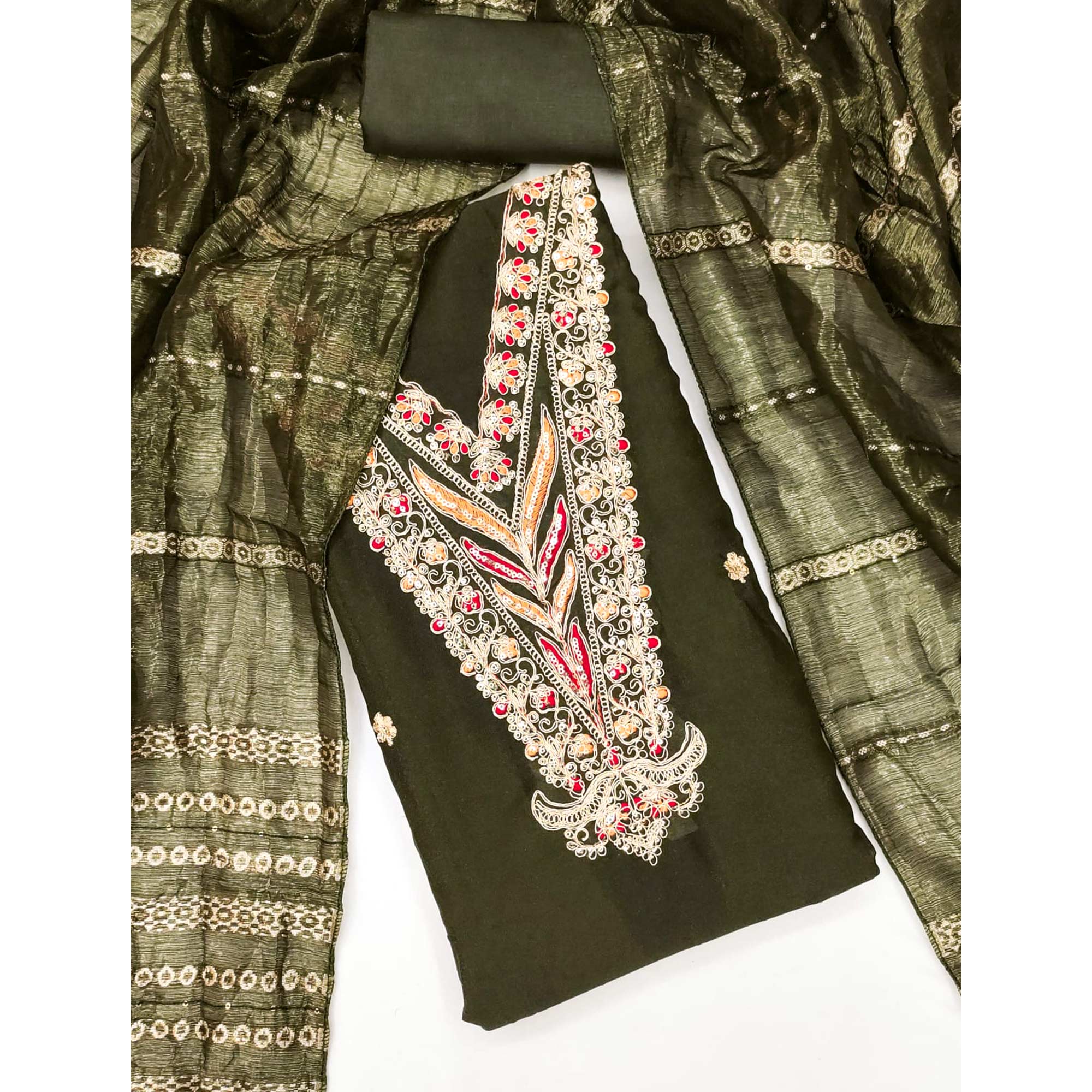 Mehendi Green Georgette Dress Material Embellished With Floral Cording Embroidery & Sequin Accents - Image 3