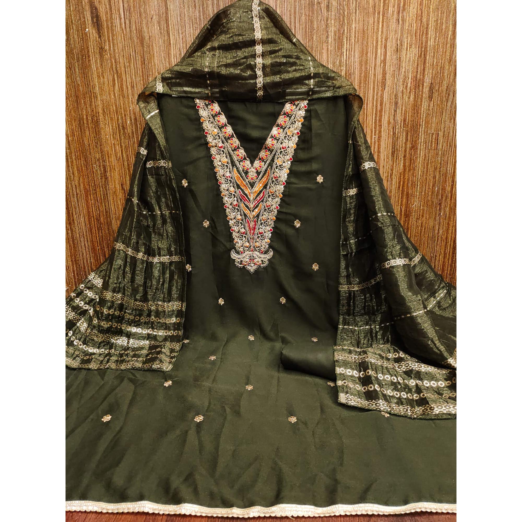Mehendi Green Georgette Dress Material Embellished With Floral Cording Embroidery & Sequin Accents - Image 4