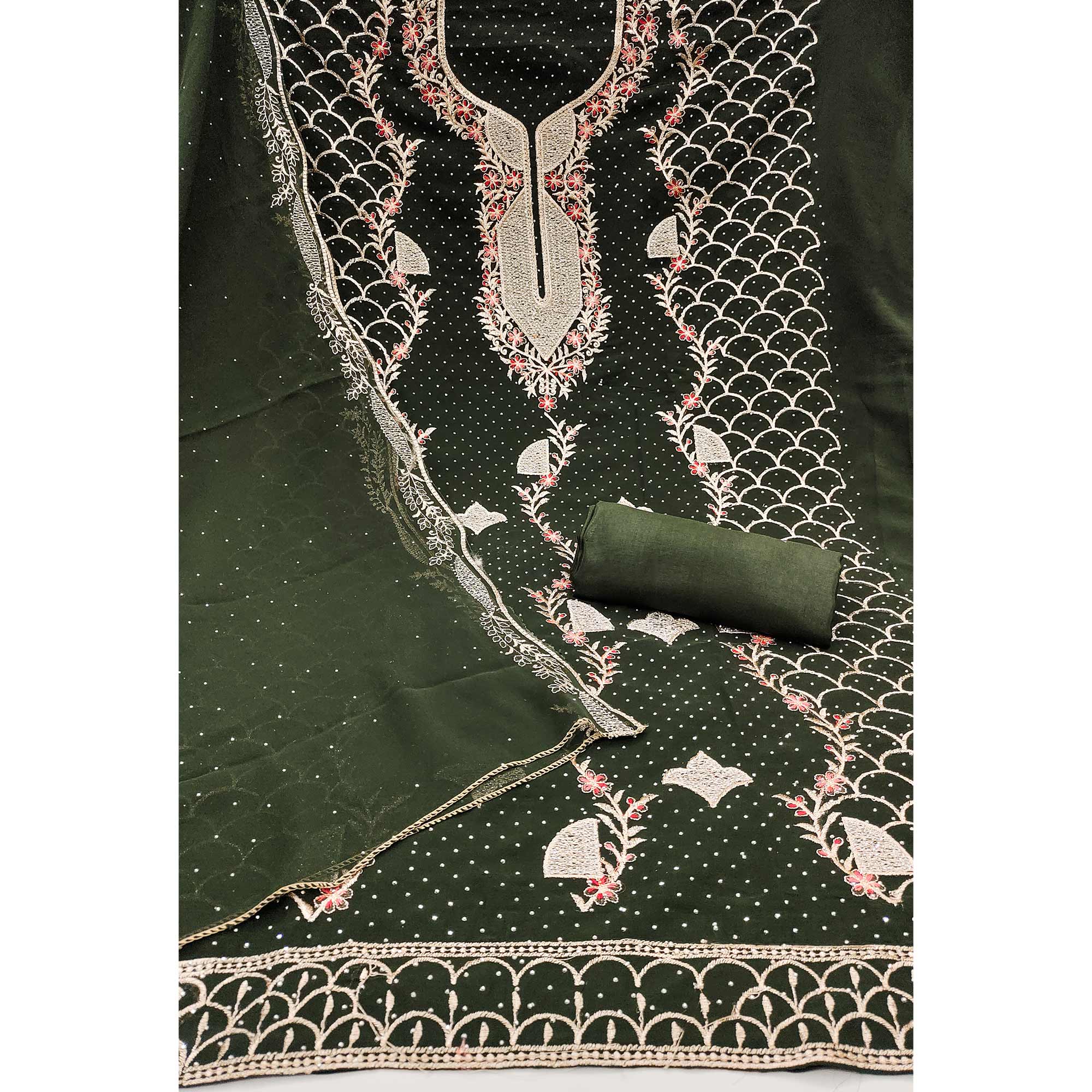 Mehendi Green Georgette Dress Material With Exquisite Floral Embroidery And Stonework - Image 4