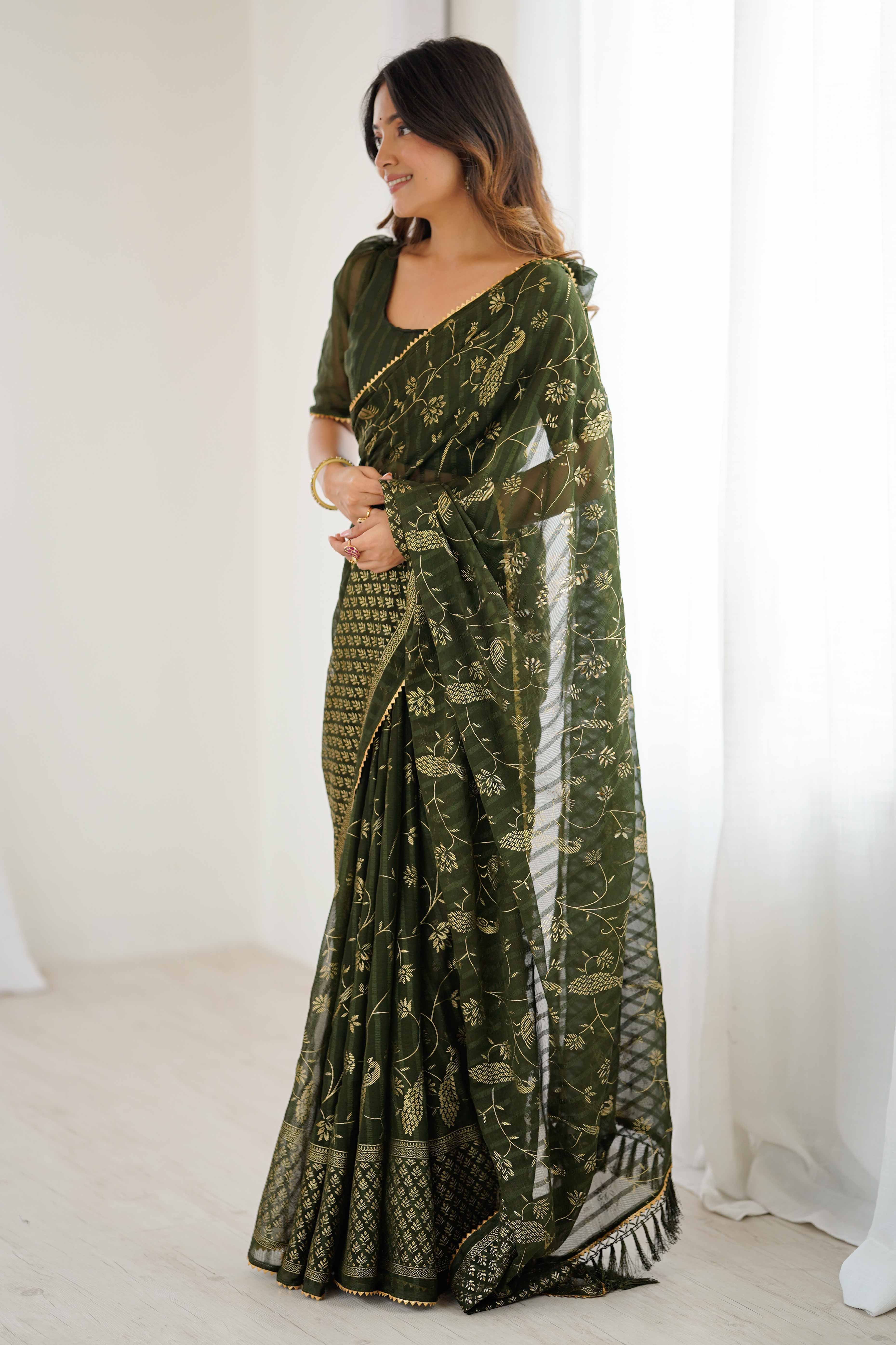 Mehendi Green Georgette Saree with Shimmering Foil Print & Gota Patti Border - Image 4