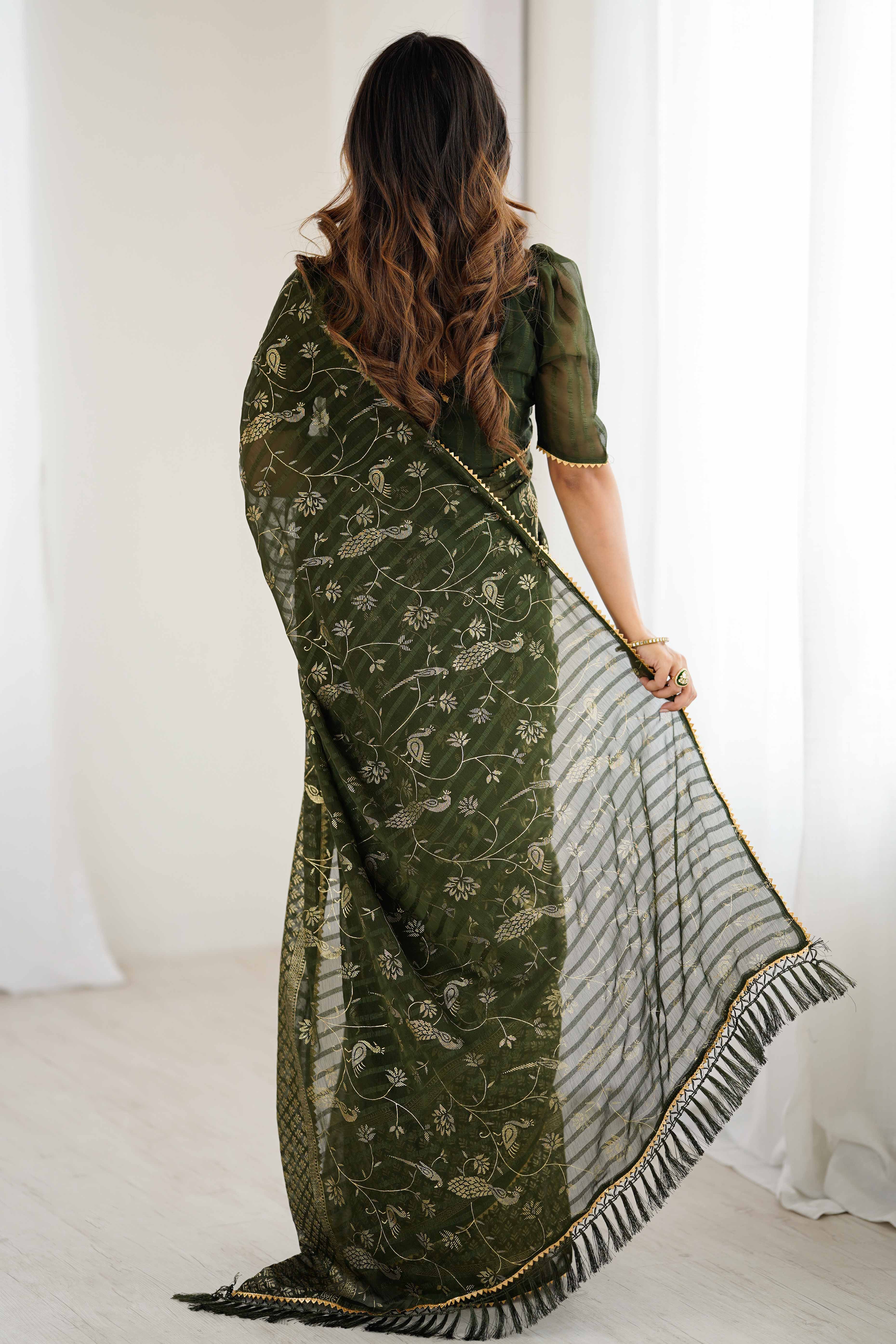 Mehendi Green Georgette Saree with Shimmering Foil Print & Gota Patti Border - Image 5