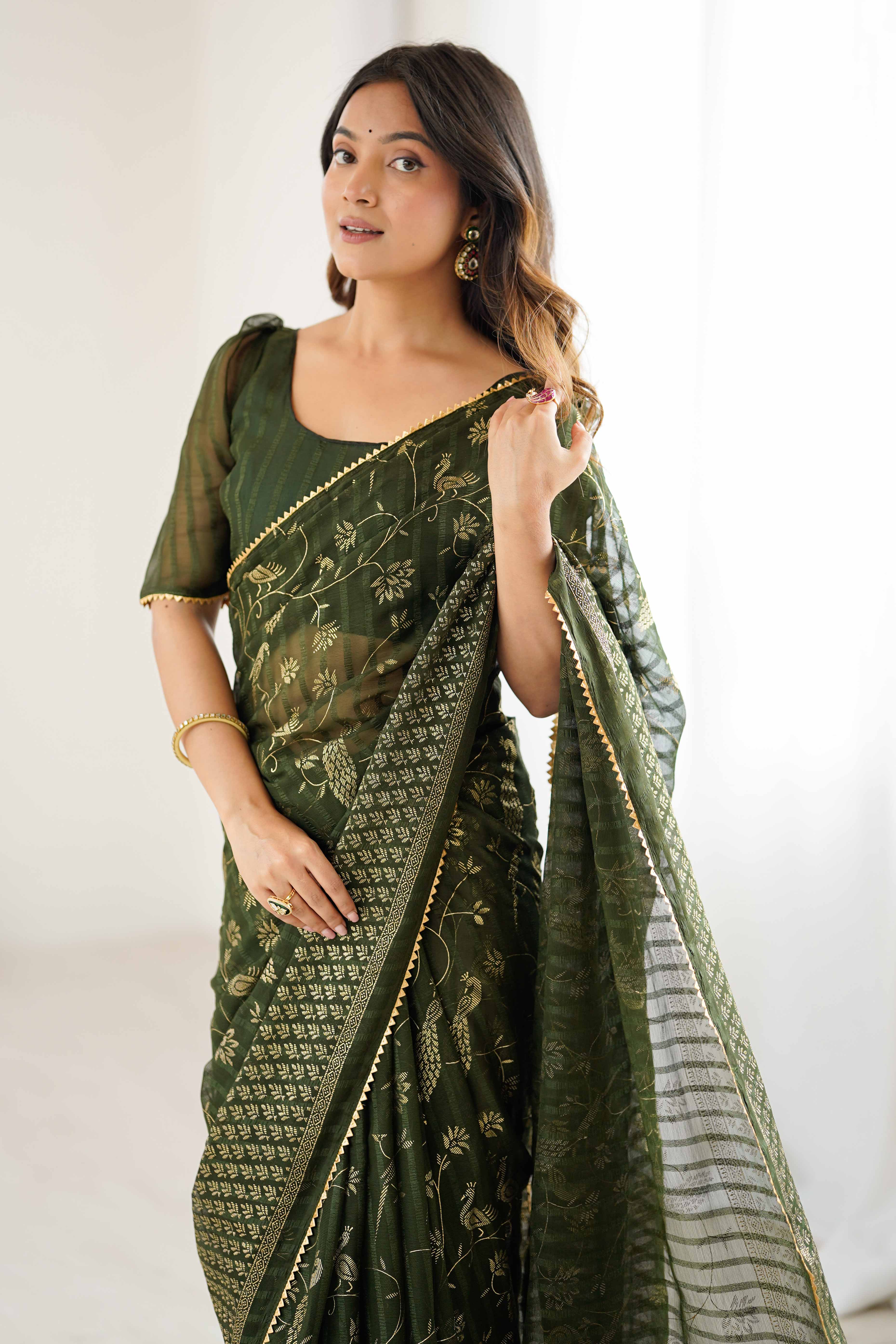 Mehendi Green Georgette Saree with Shimmering Foil Print & Gota Patti Border - Image 6