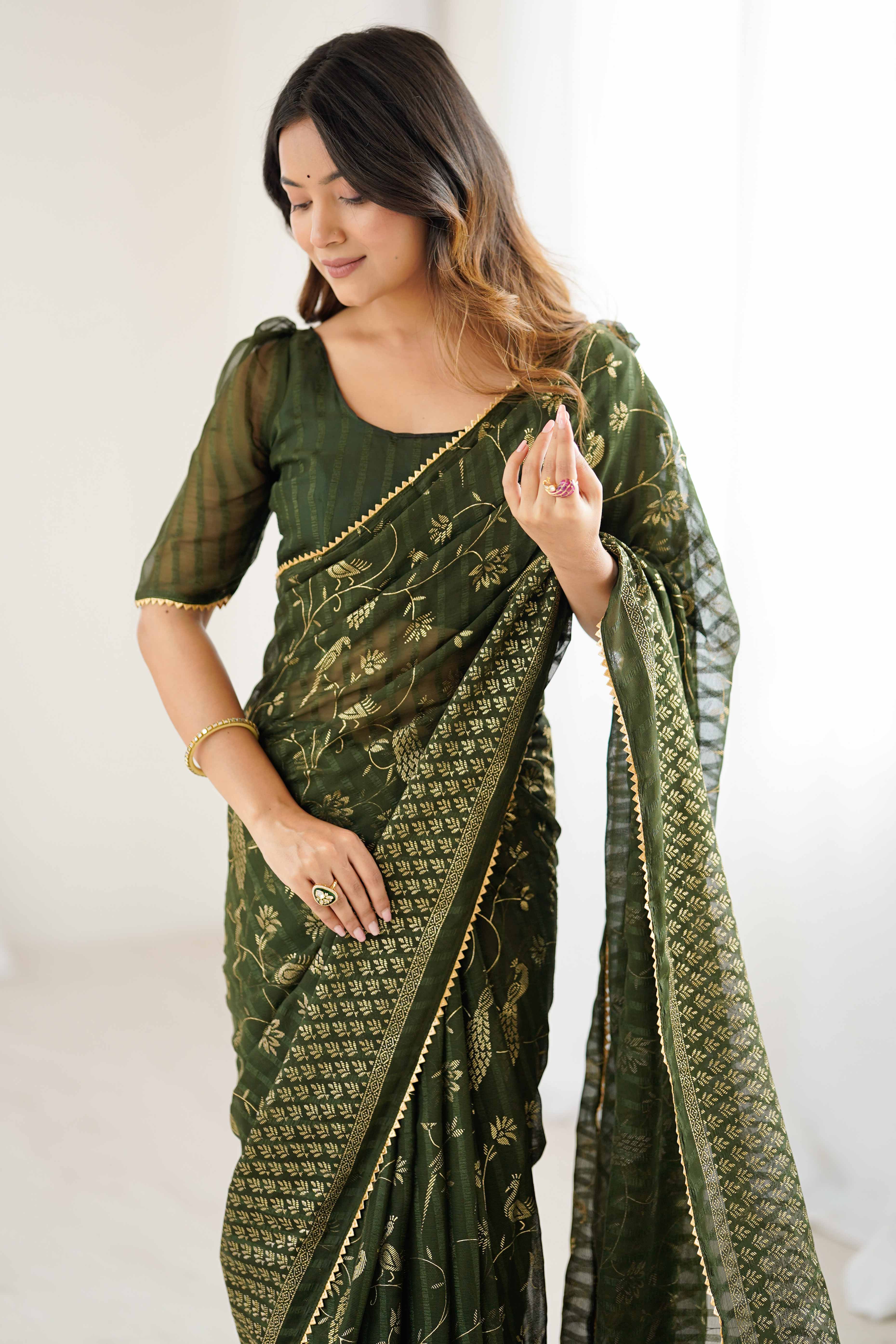 Mehendi Green Georgette Saree with Shimmering Foil Print & Gota Patti Border - Image 7