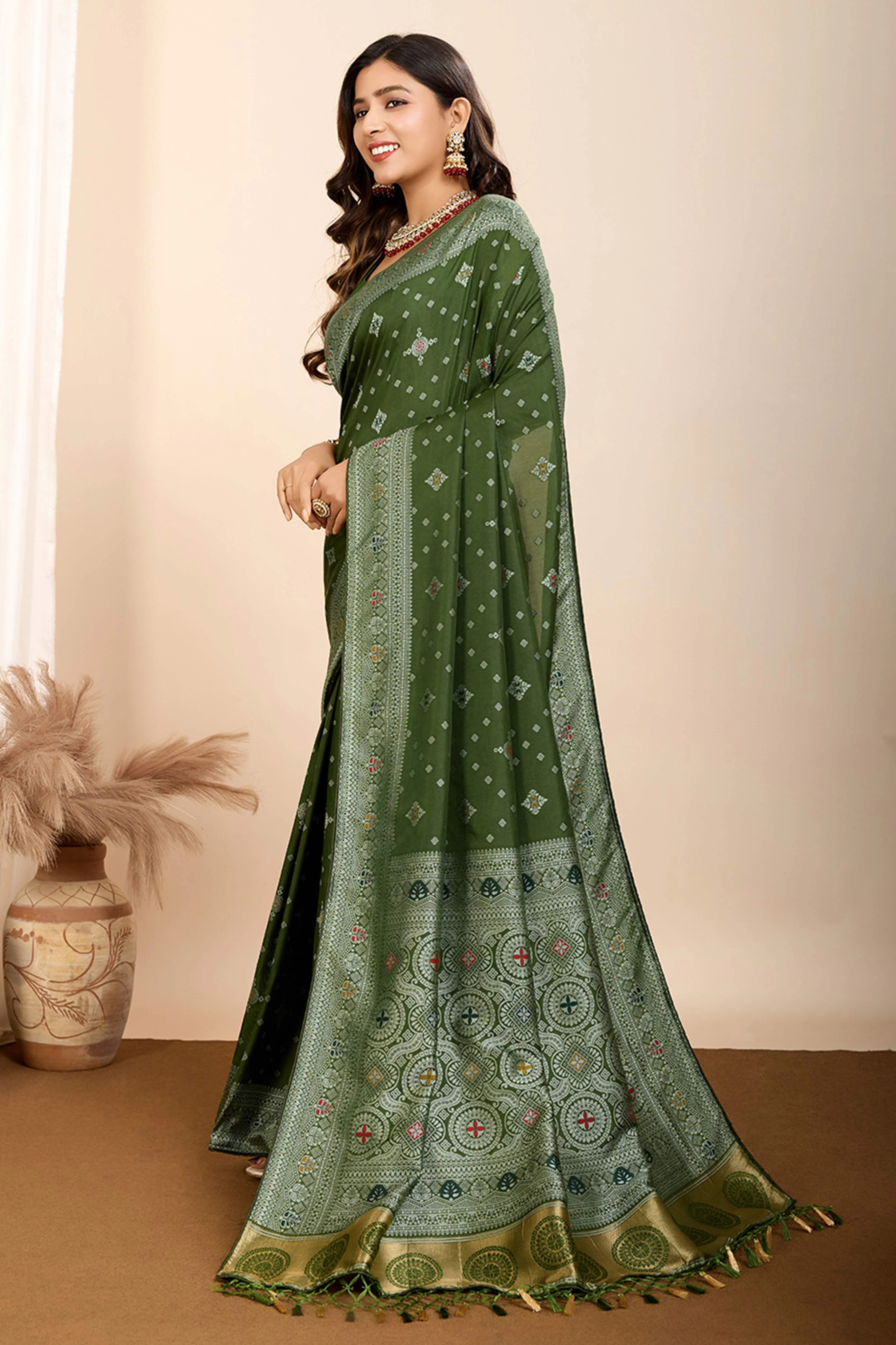 Mehendi Green Minakari Weaving Pure Silk Saree - Image 3