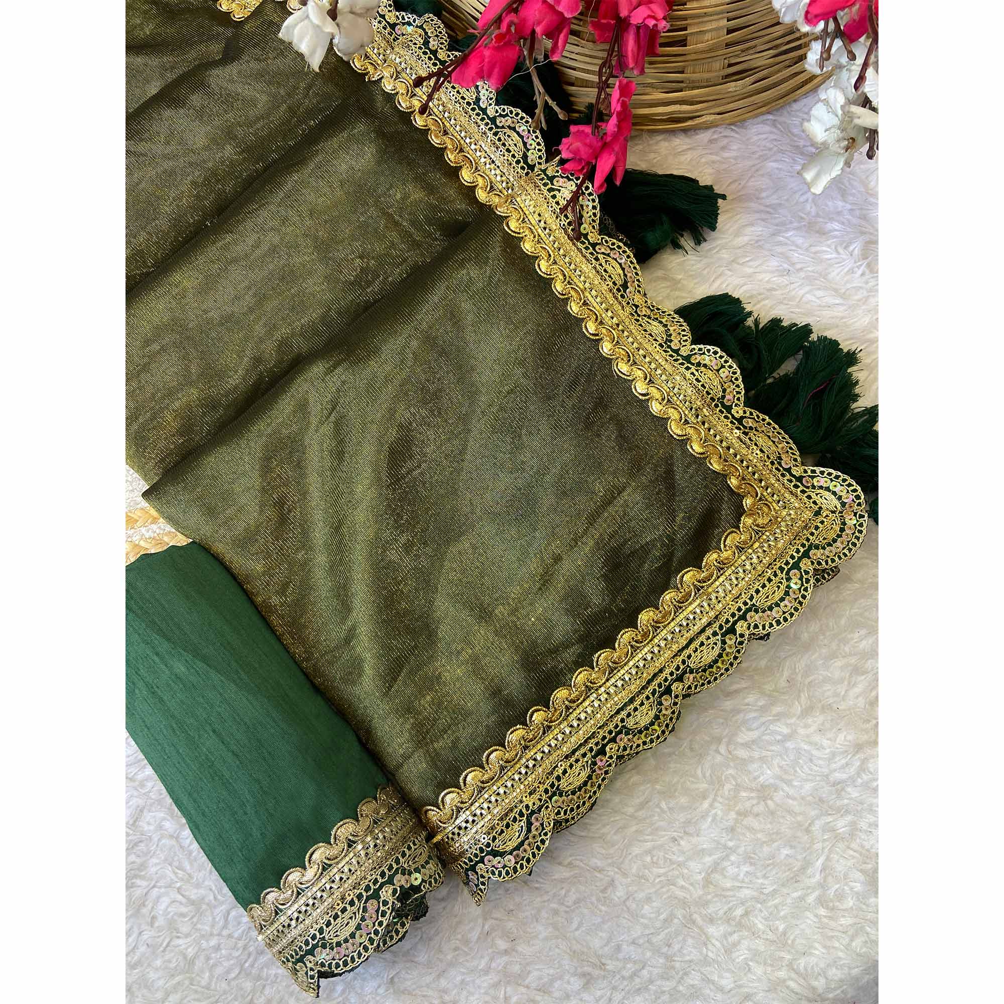 Mehendi Green Net Saree With Intricate Sequin Embroidery & Tassel Embellished Pallu - Image 3