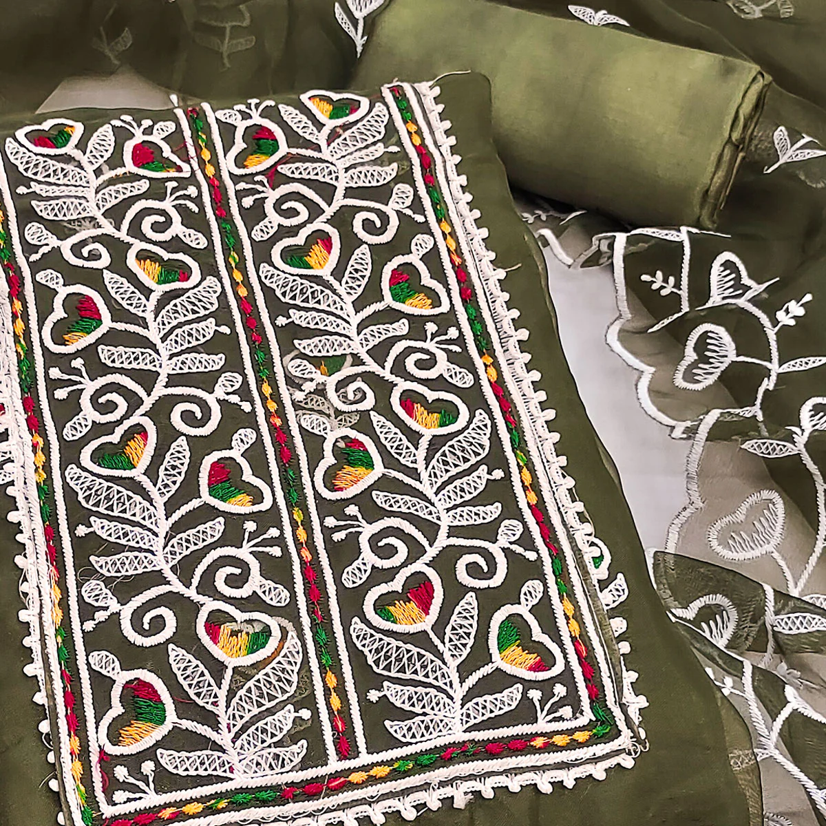Mehendi Green Organza Dress Material With Intricate Floral Embroidery Work - Image 2