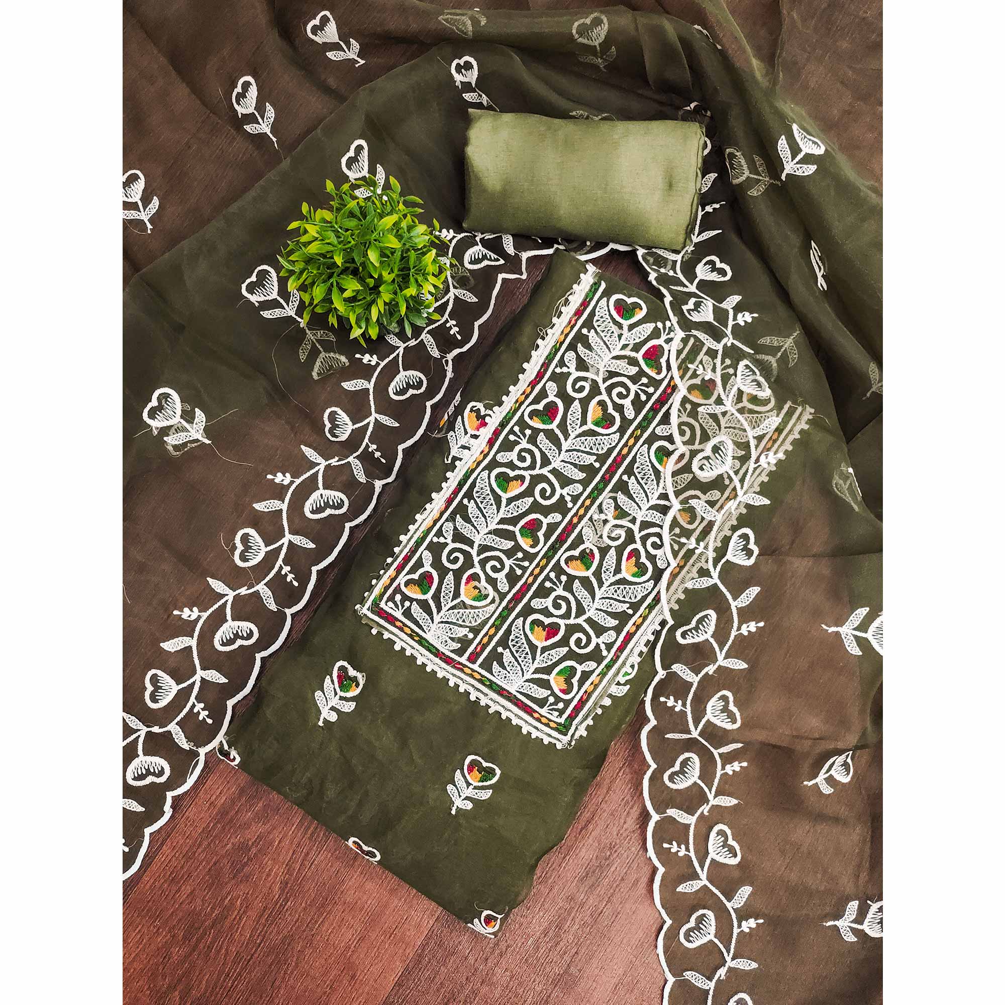 Mehendi Green Organza Dress Material With Intricate Floral Embroidery Work - Image 3