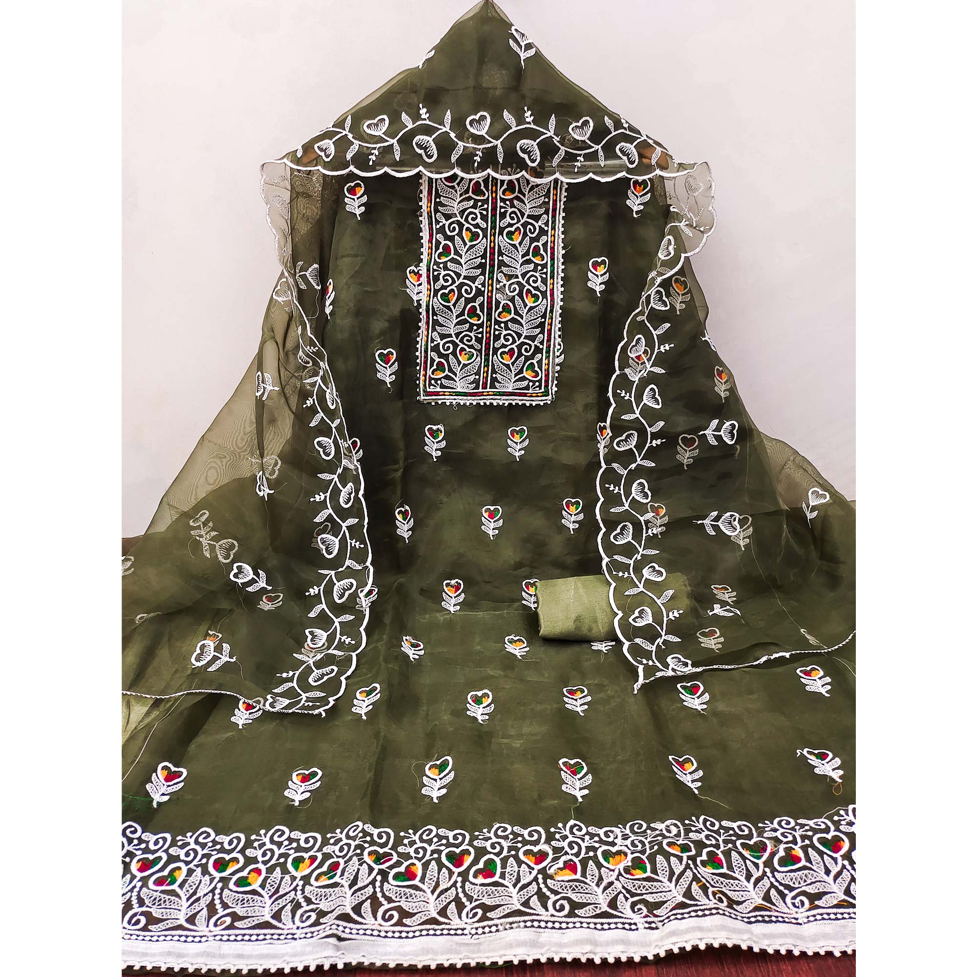 Mehendi Green Organza Dress Material With Intricate Floral Embroidery Work - Image 4