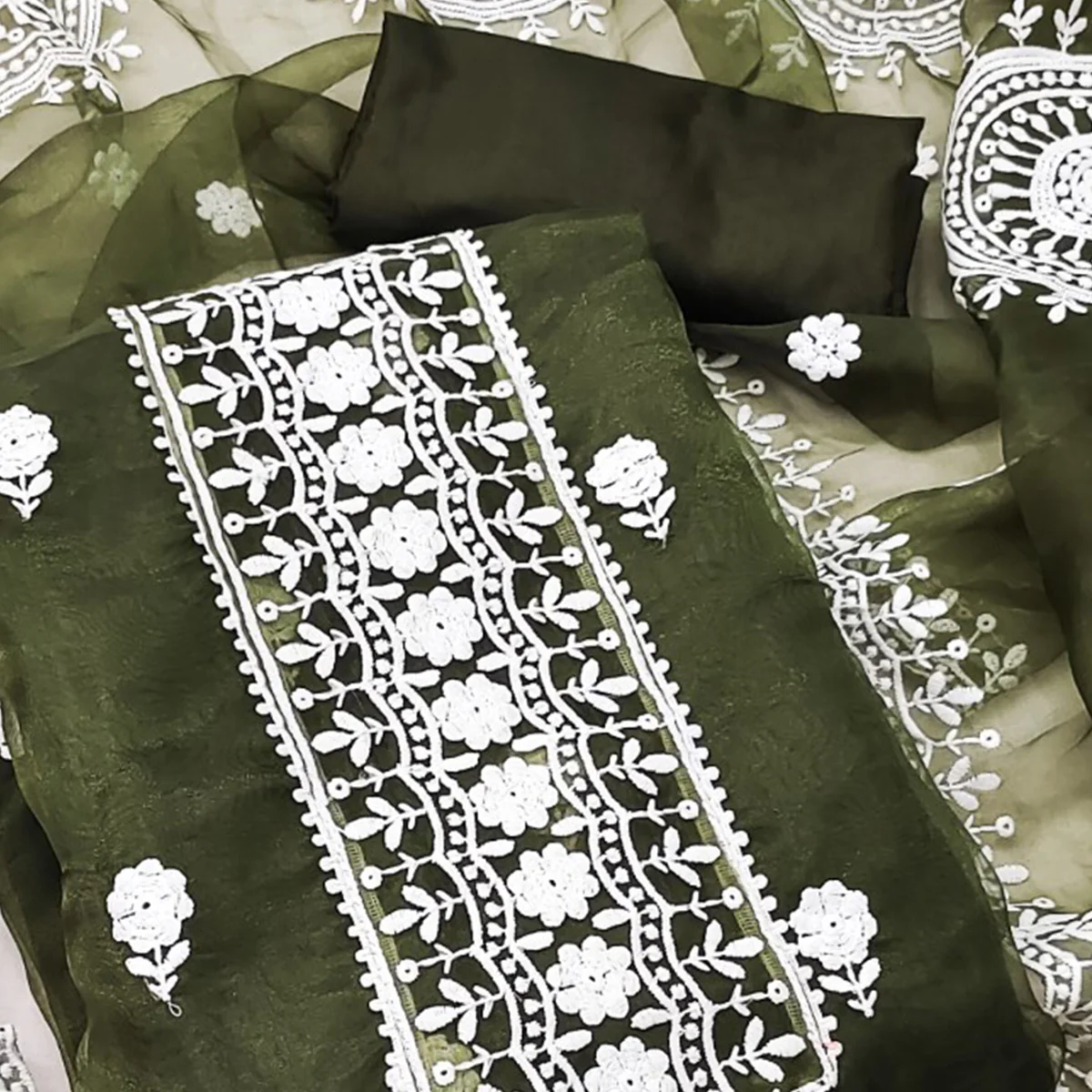 Mehendi Green Organza Dress Material With Intricate Floral Thread Embroidery - Image 2