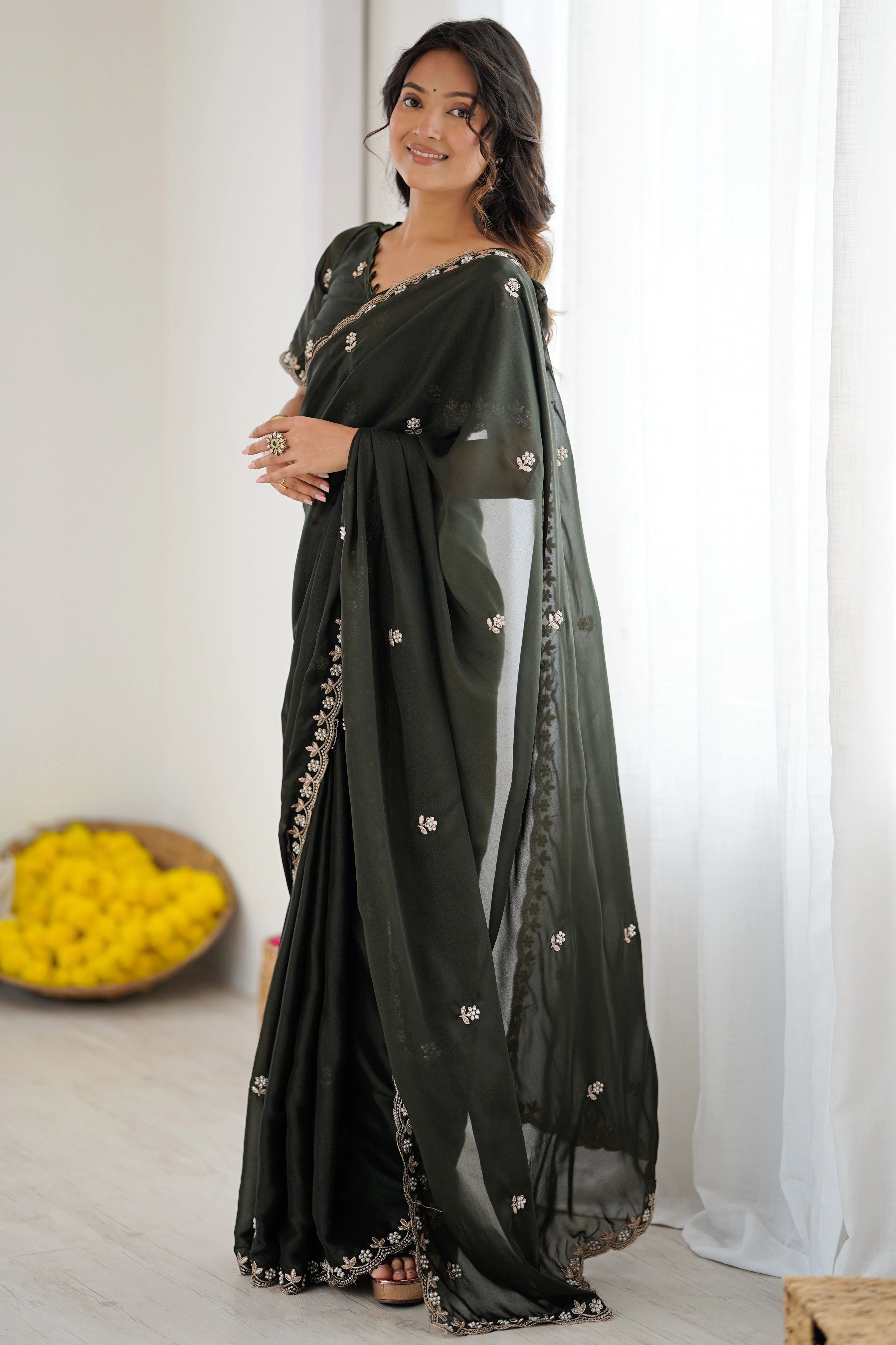 Mehendi Green Partywear Star Georgette Saree Adorned with Floral Embroidery and Beads Work - Image 4