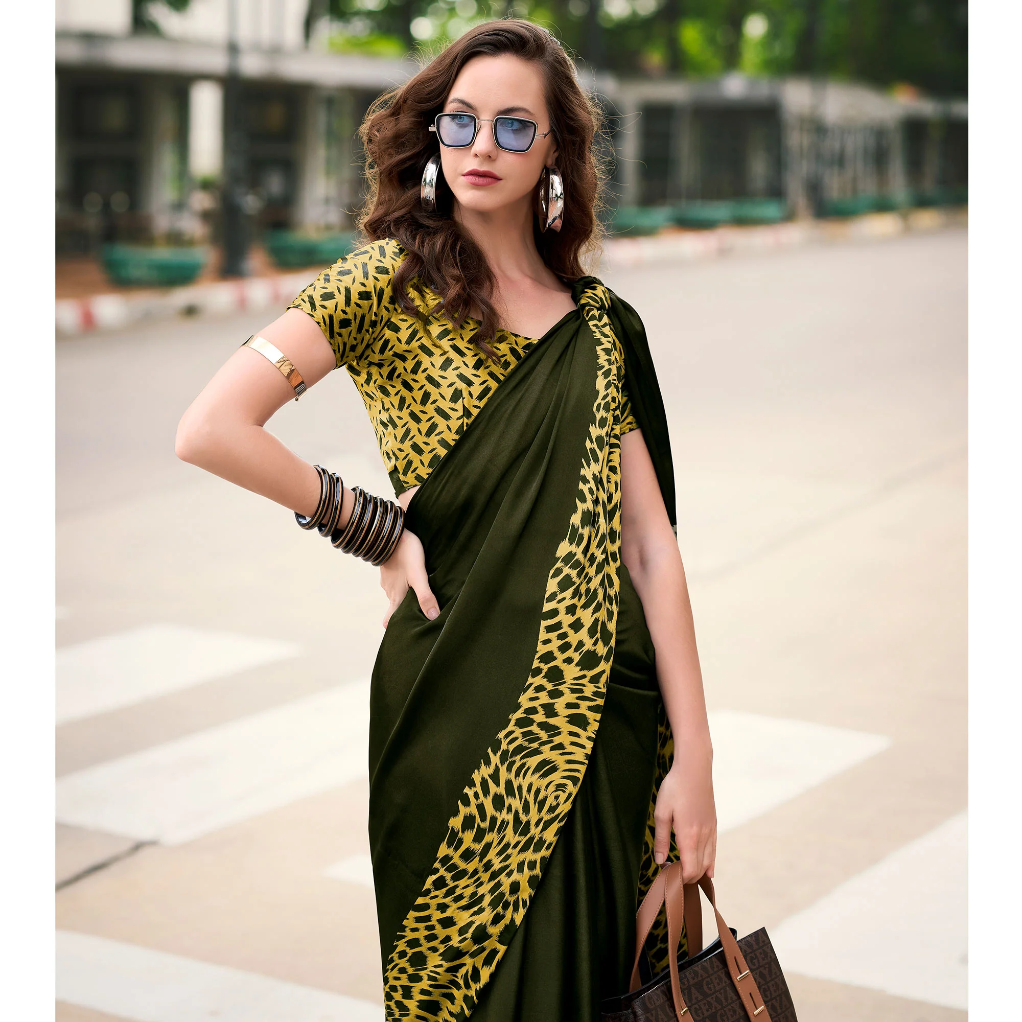 Mehendi Green Printed Satin Saree - Image 4