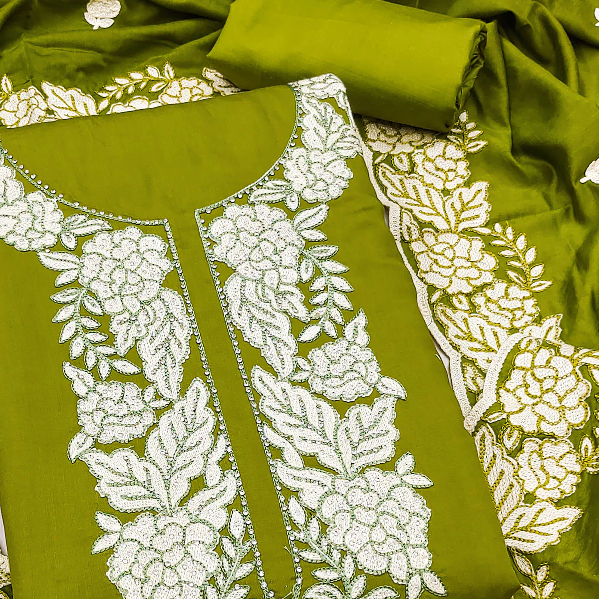 Mehendi Green Rich Viscose Dress Material Highlighted with Refined Floral Thread Embroidery - Image 2