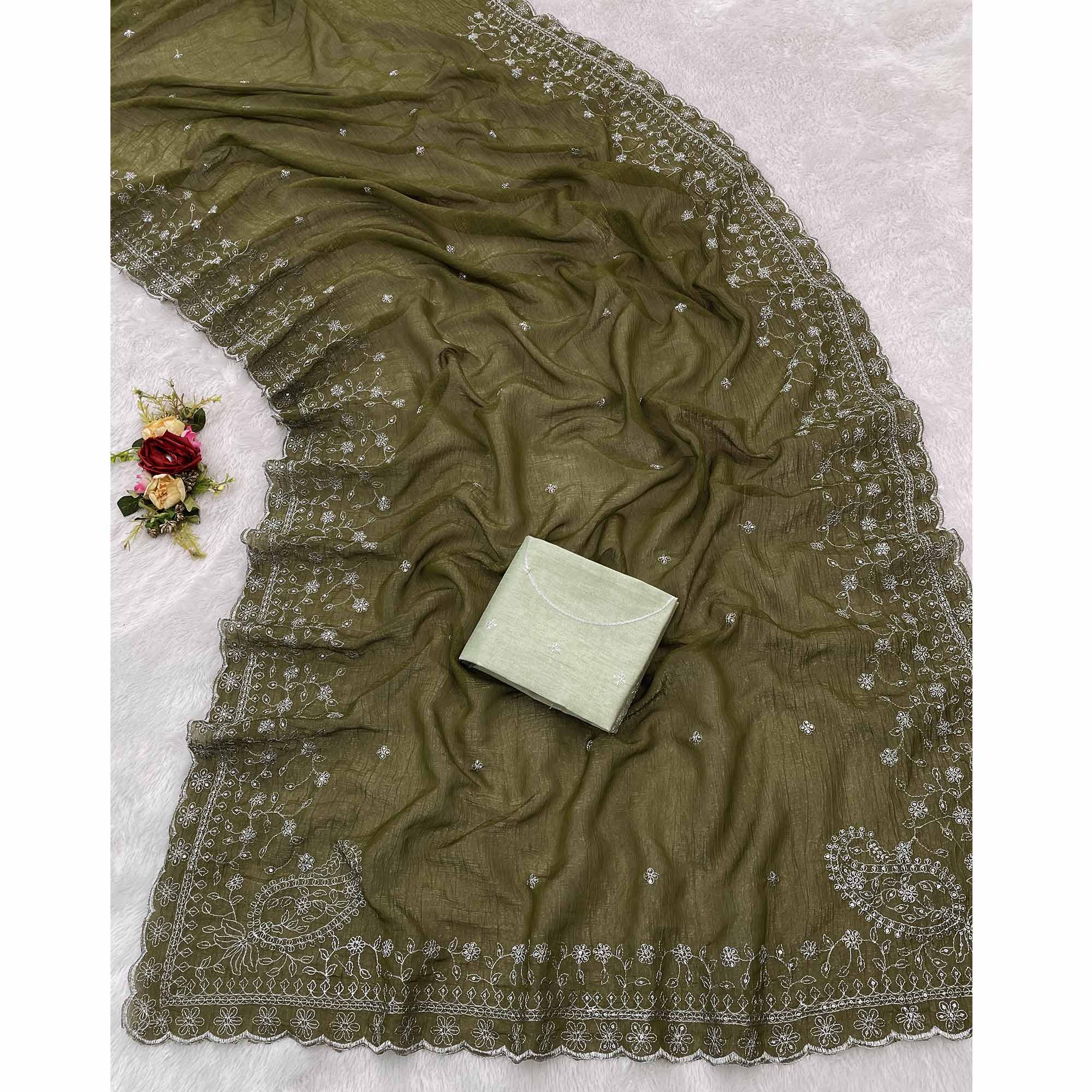 Mehendi Green Silk Blend Crush Saree Adorned With Floral Thread Embroidery & Sequins - Image 3