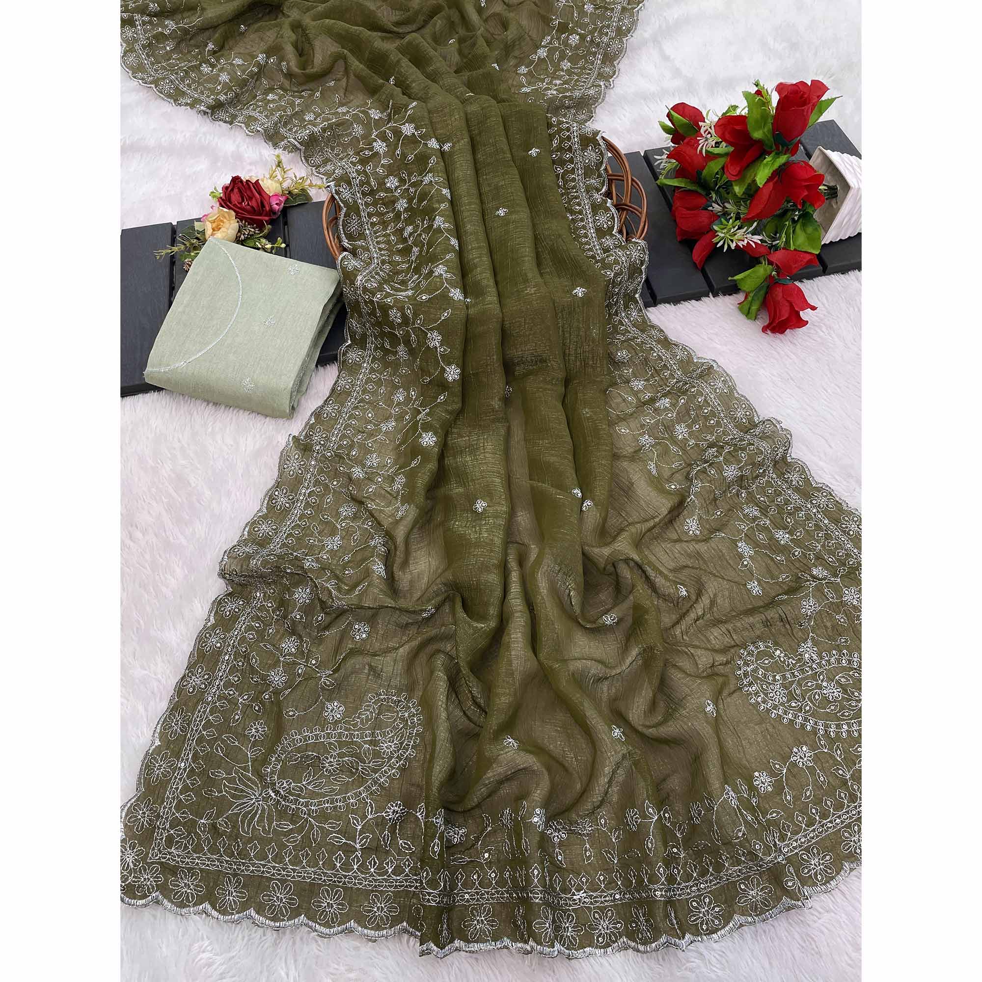 Mehendi Green Silk Blend Crush Saree Adorned With Floral Thread Embroidery & Sequins - Image 4