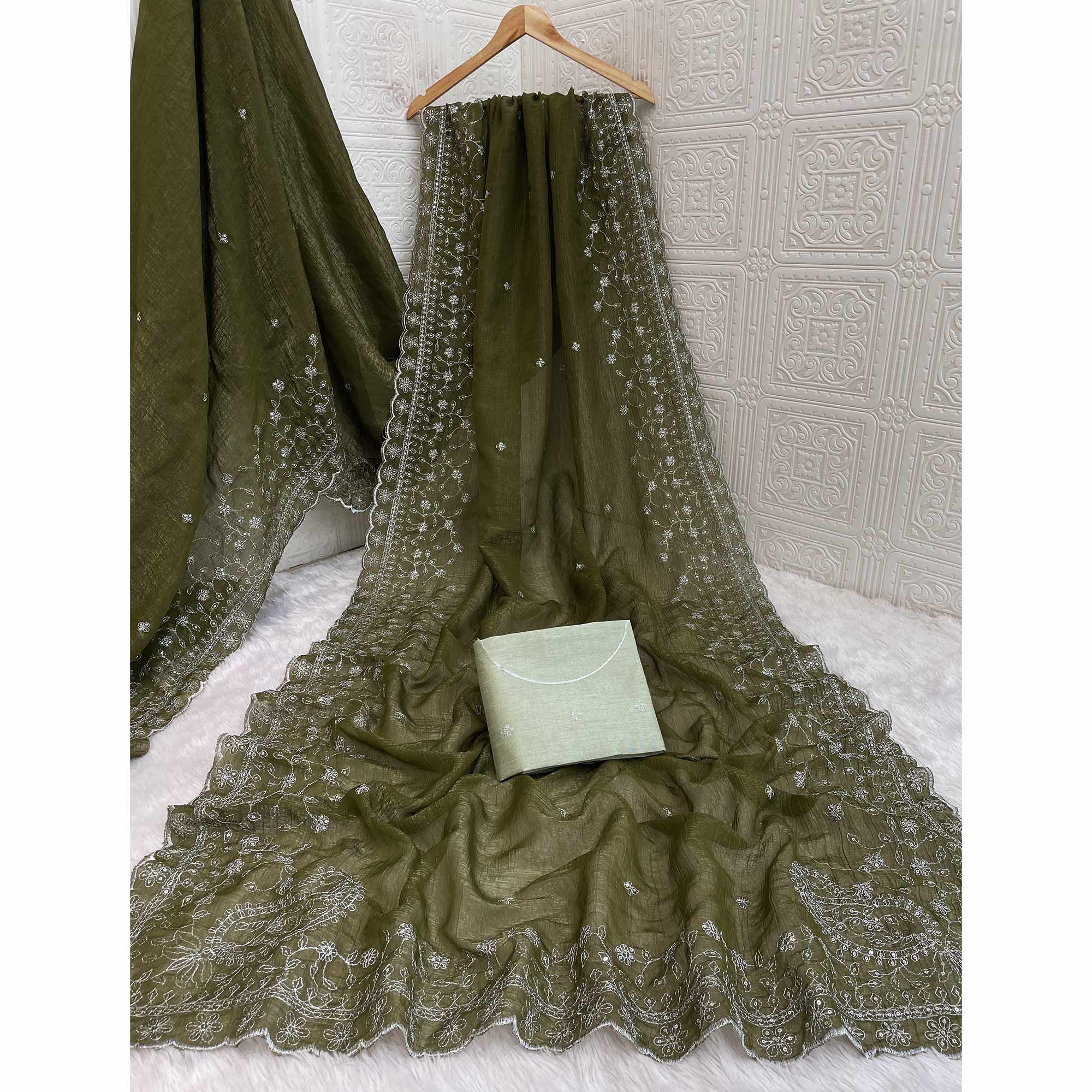 Mehendi Green Silk Blend Crush Saree Adorned With Floral Thread Embroidery & Sequins - Image 5