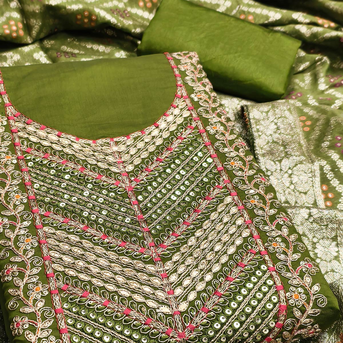 Mehendi Green Silk Blend Dress Material Adorned With Floral Cording Embroidery & Elegant Sequins - Image 2