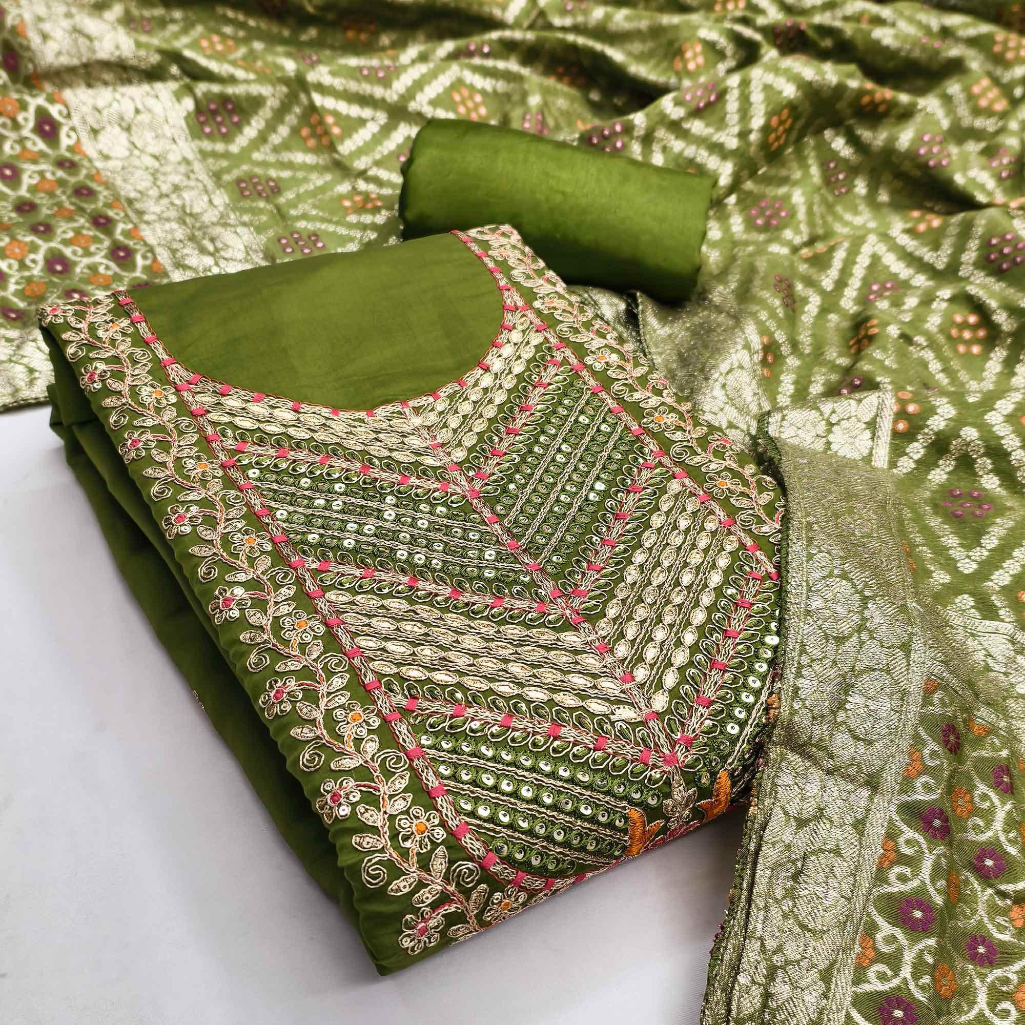 Mehendi Green Silk Blend Dress Material Adorned With Floral Cording Embroidery & Elegant Sequins - Image 3