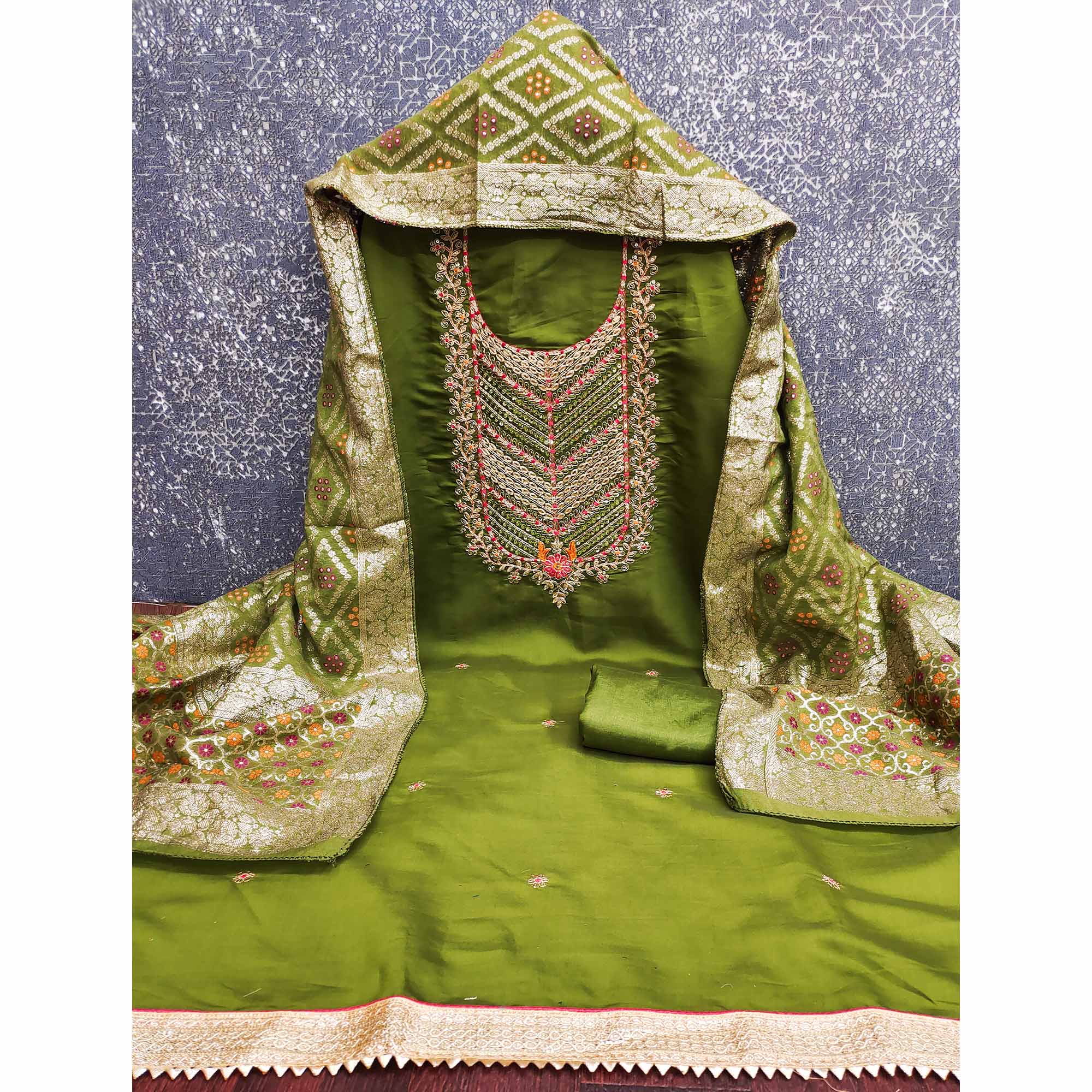 Mehendi Green Silk Blend Dress Material Adorned With Floral Cording Embroidery & Elegant Sequins - Image 4