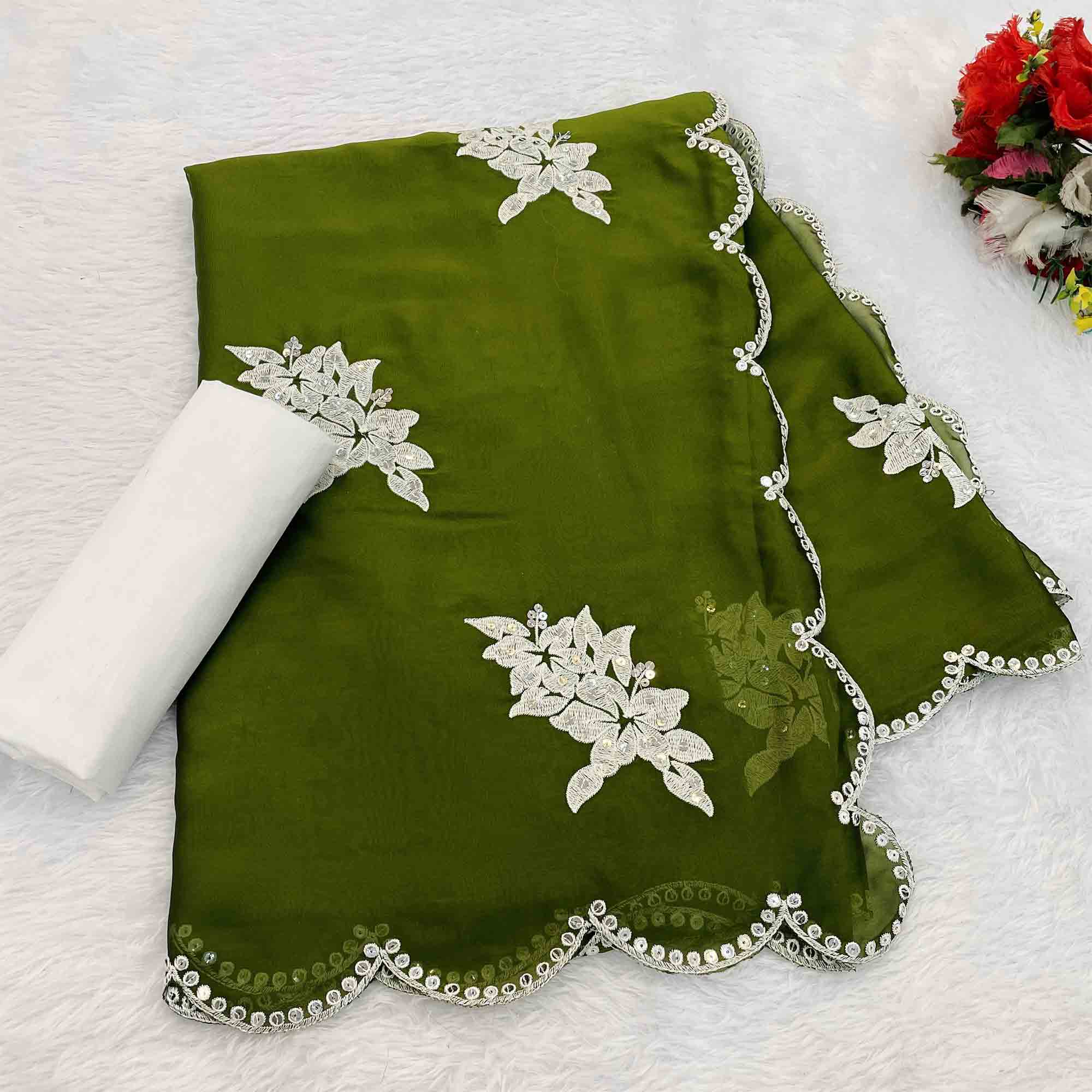 Mehendi Green Silk Blend Saree with Embroidered Floral Design in Sequins & Thread - Image 4