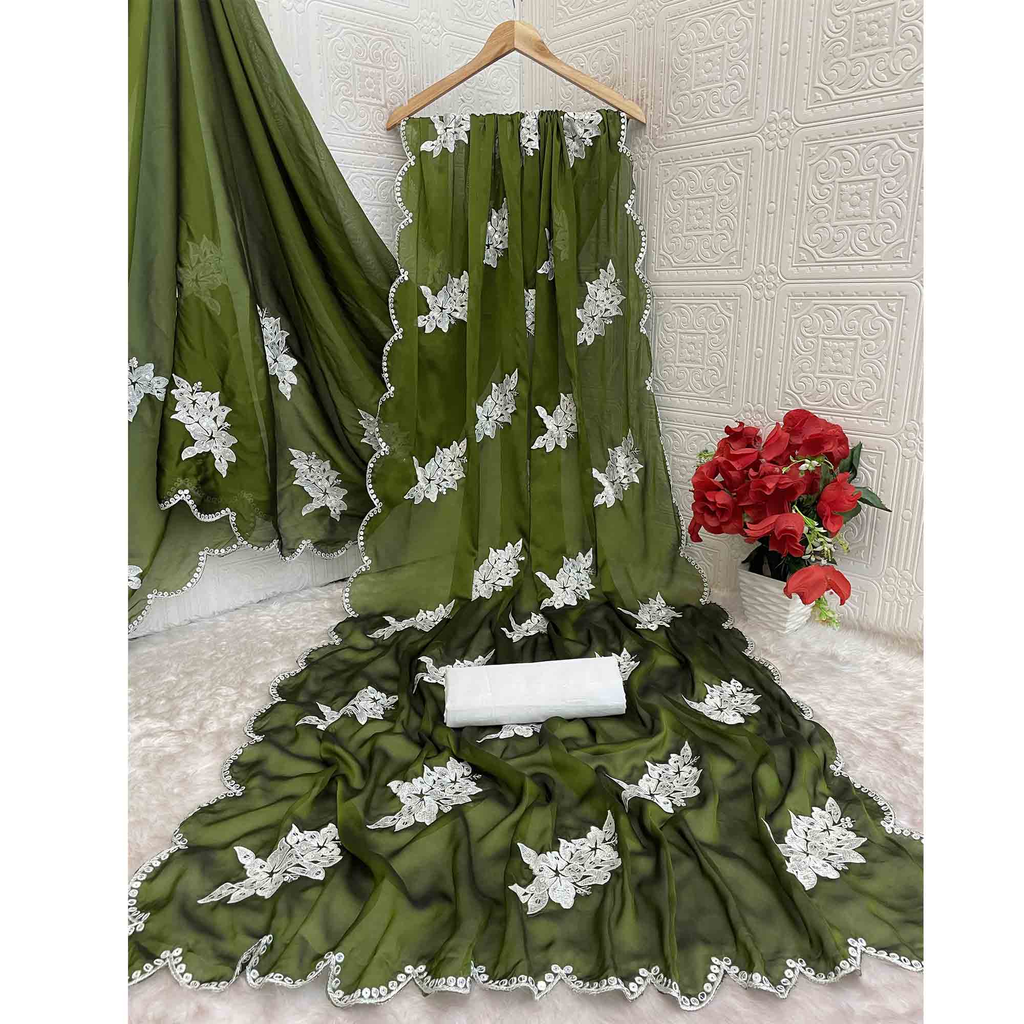 Mehendi Green Silk Blend Saree with Embroidered Floral Design in Sequins & Thread - Image 6