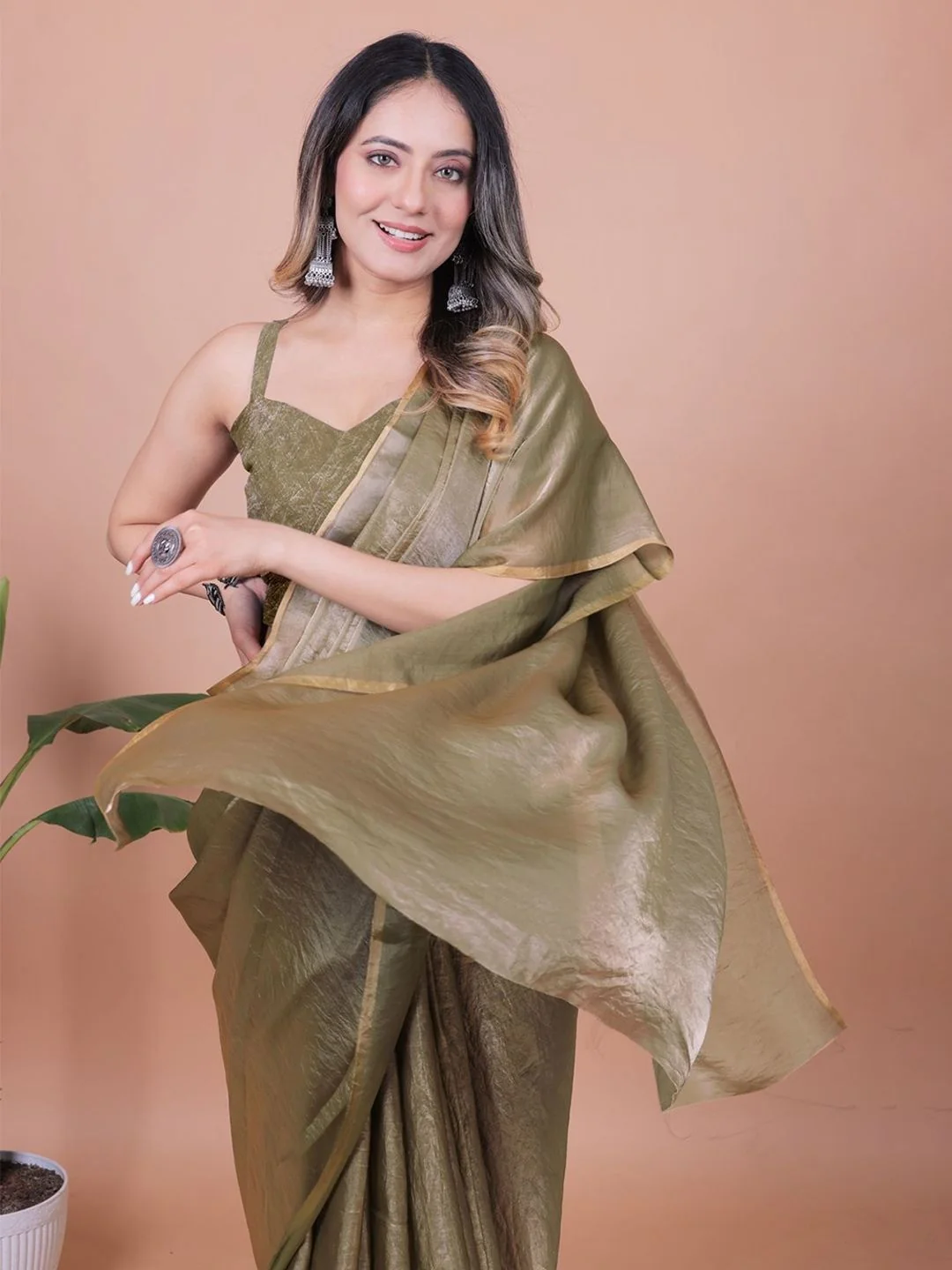 Mehendi Green Solid Chiffon Saree Perfect for Parties & Festive Occasions