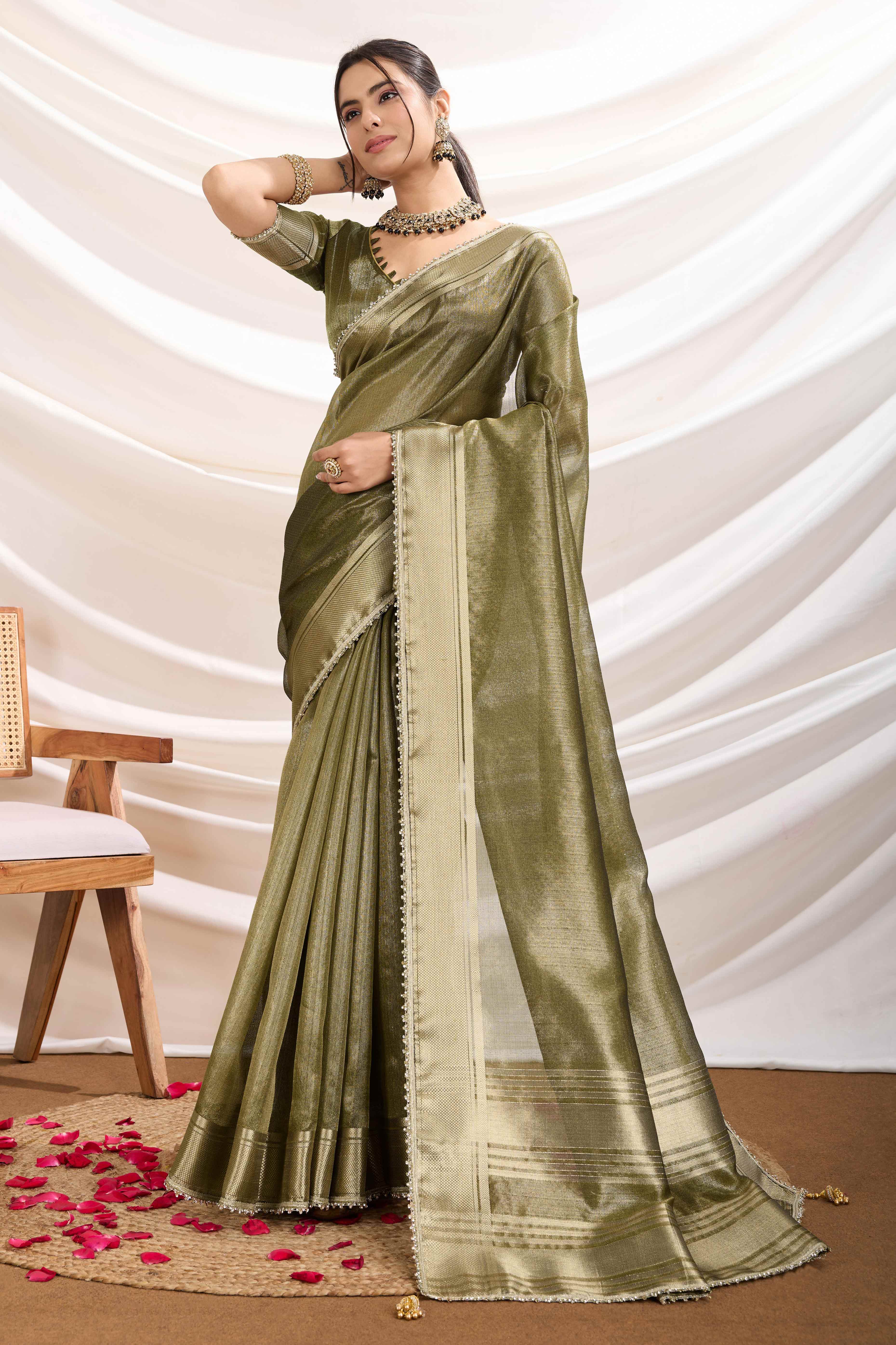 Mehendi Green Solid Linen Tissue Saree With Weaving & Zarkan Lace Border - Image 3