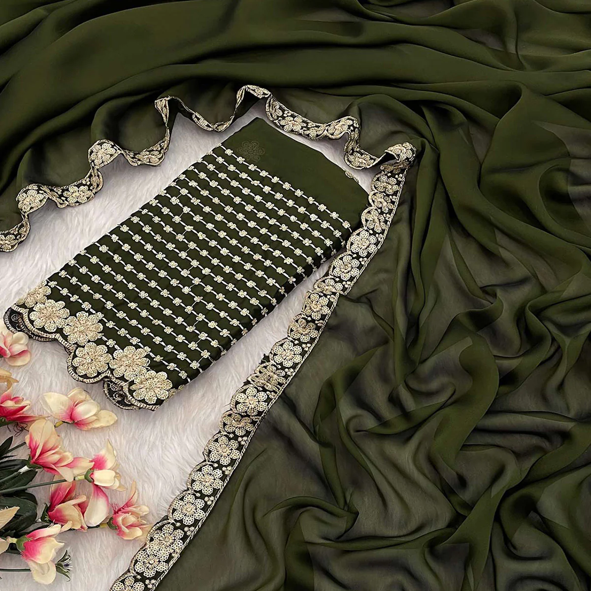 Mehendi Green Solid Rangoli Art Silk Saree With Sequins Embroidered Border - Image 2