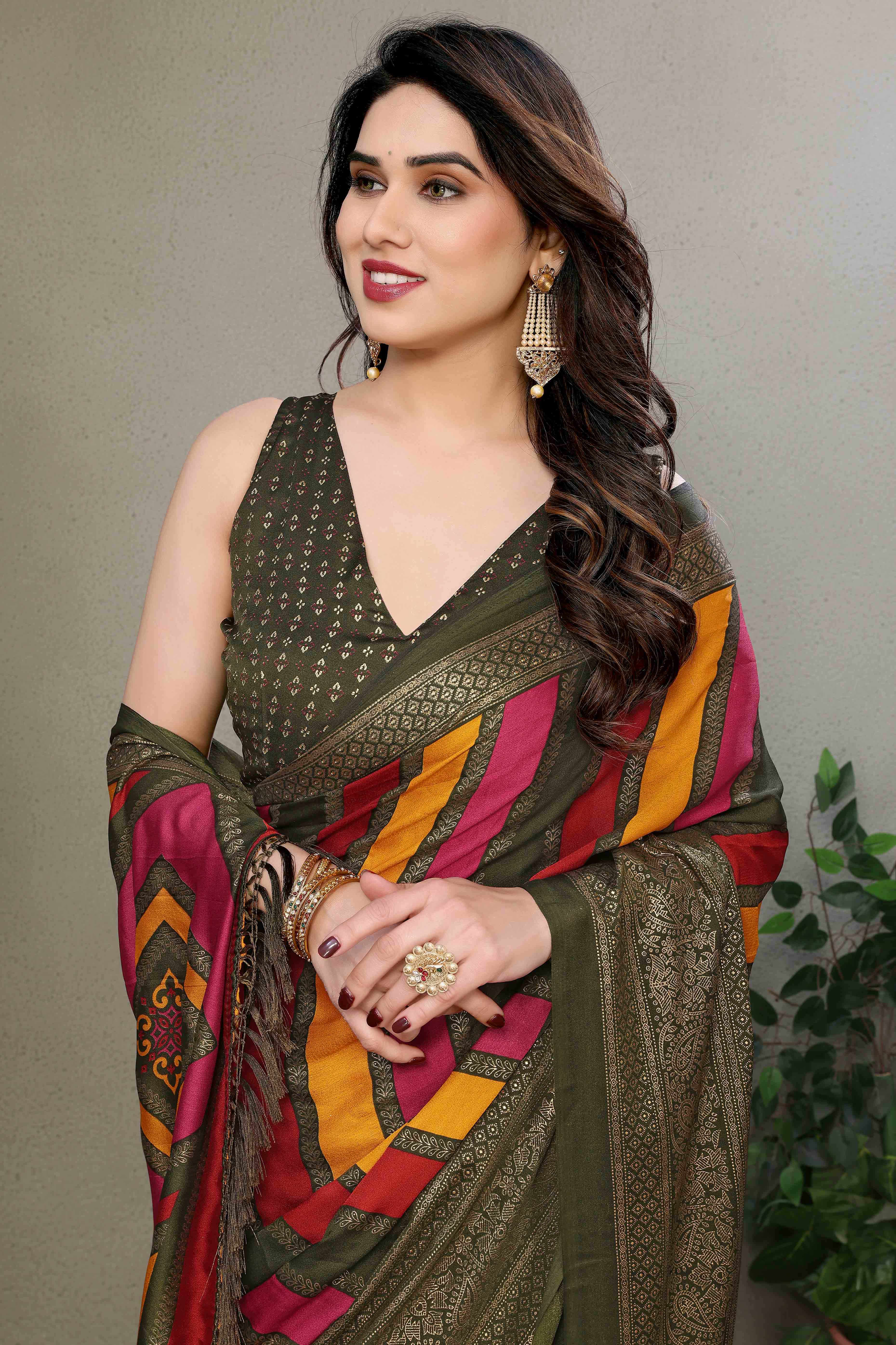 Mehendi Green Striped Foil Printed Moss Satin Saree Saree With Tassels - Image 4