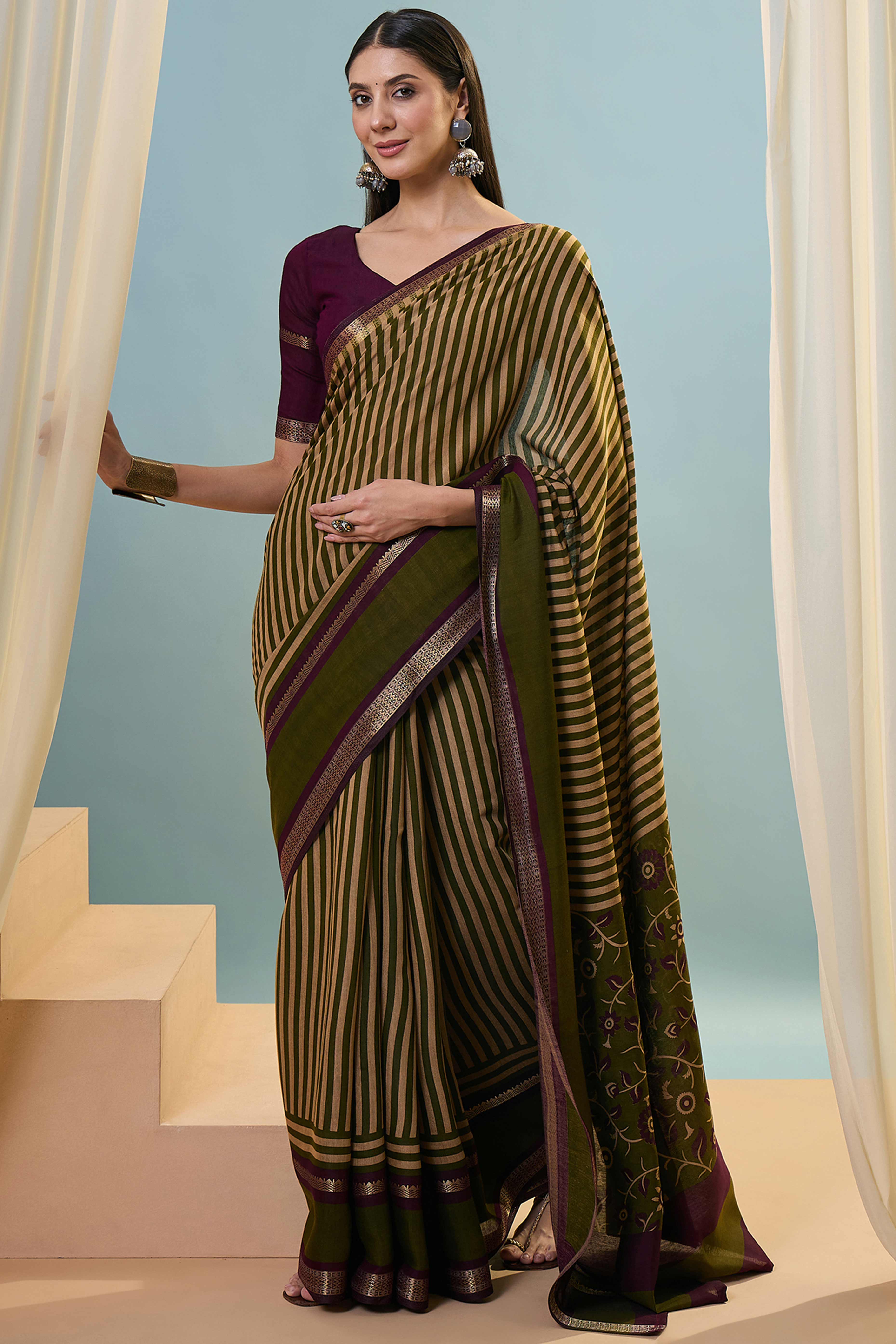 Mehendi Green Striped Printed Viscose Saree with a Subtle Zari Finish - Image 2