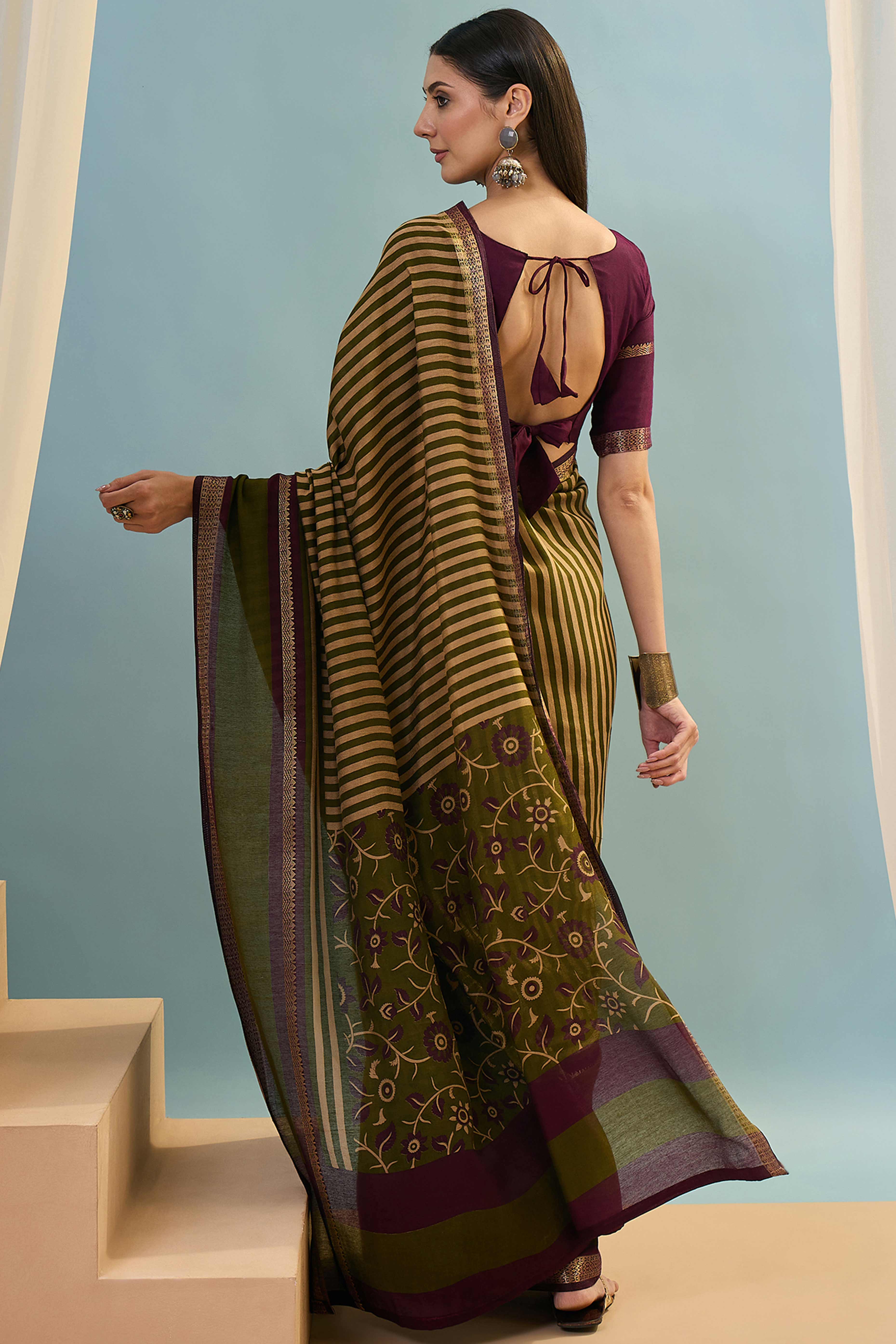Mehendi Green Striped Printed Viscose Saree with a Subtle Zari Finish - Image 3