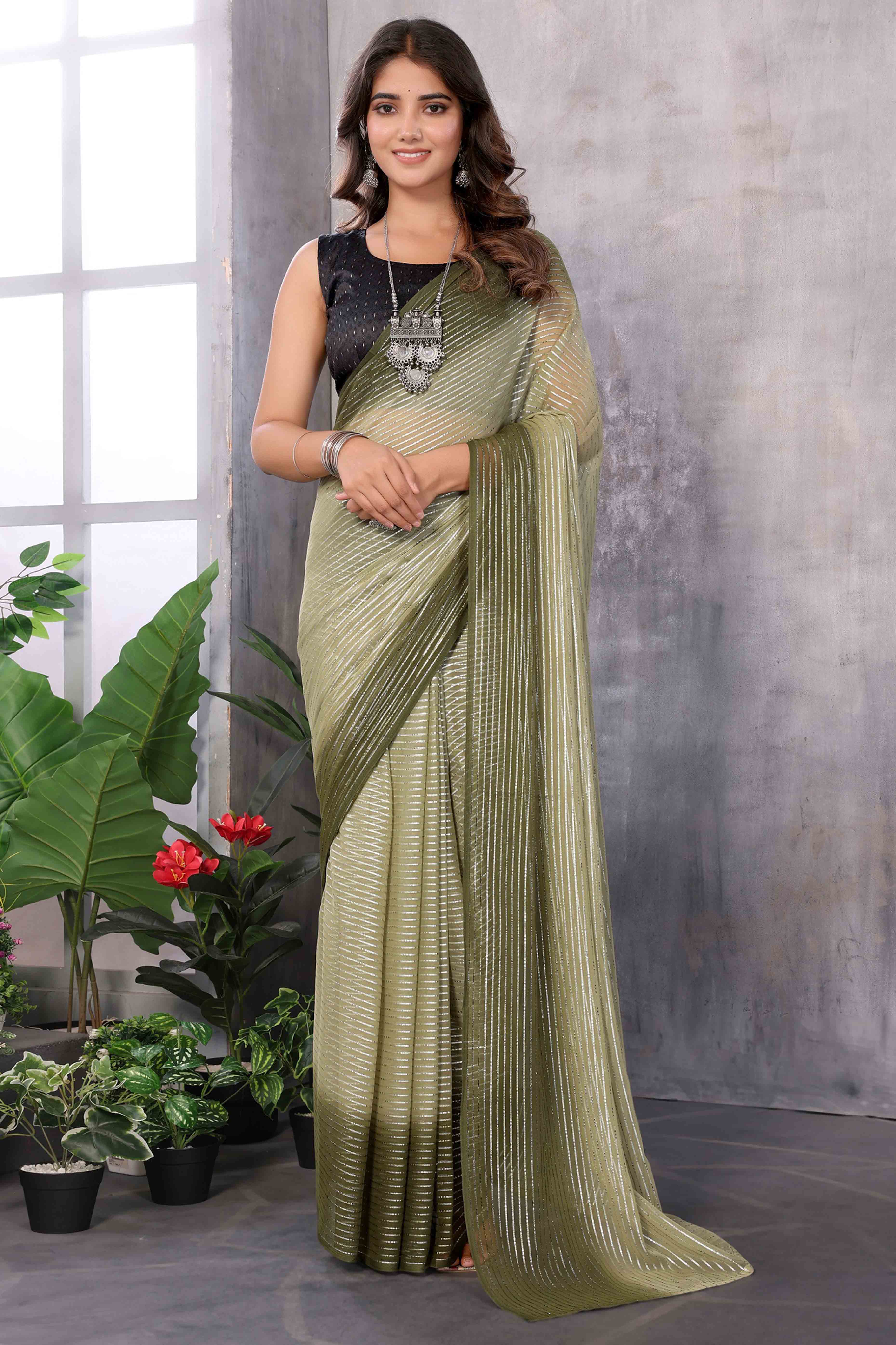 Mehendi Green Striped Zari Woven Art Silk Ready To Wear Saree - Image 3