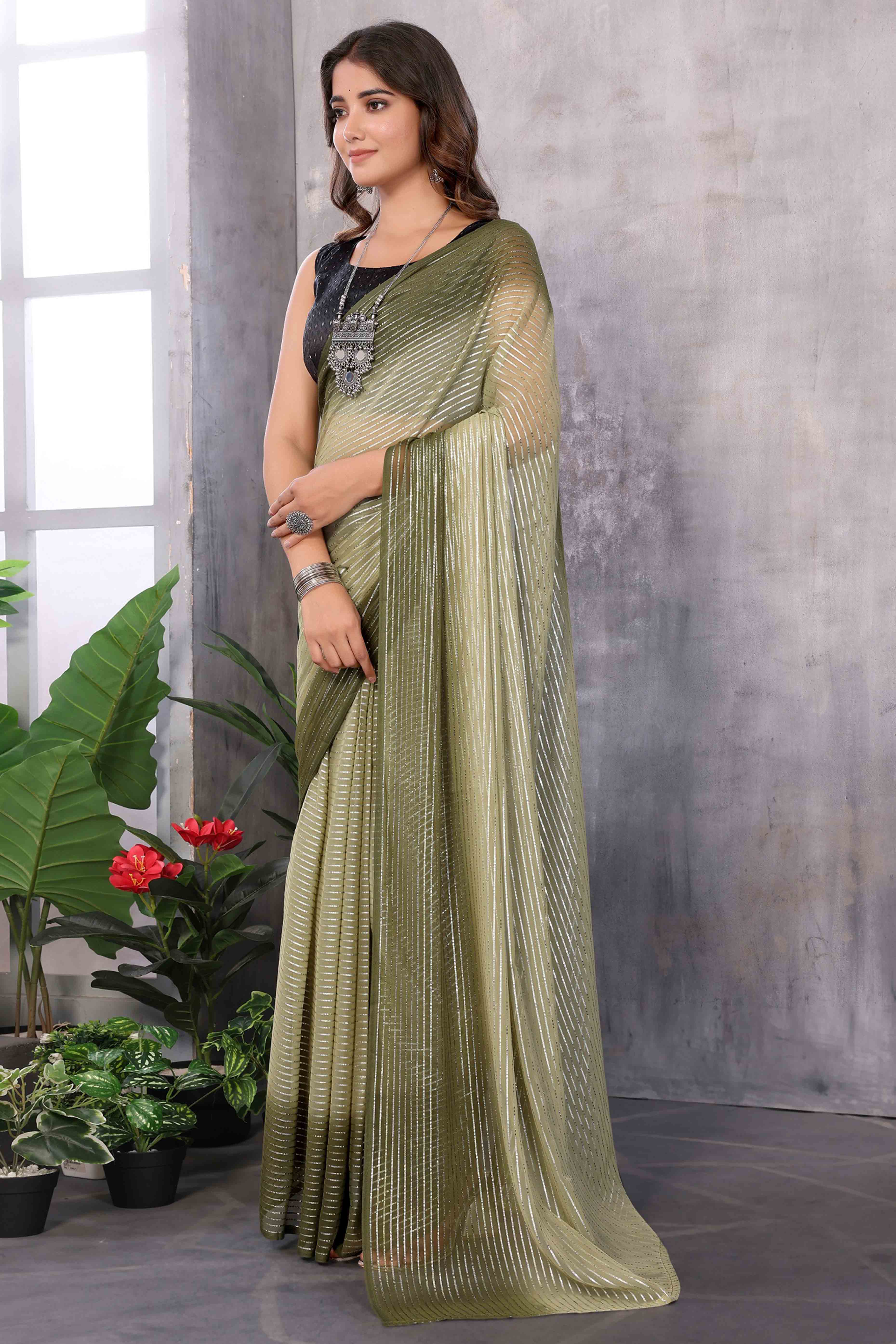Mehendi Green Striped Zari Woven Art Silk Ready To Wear Saree - Image 4