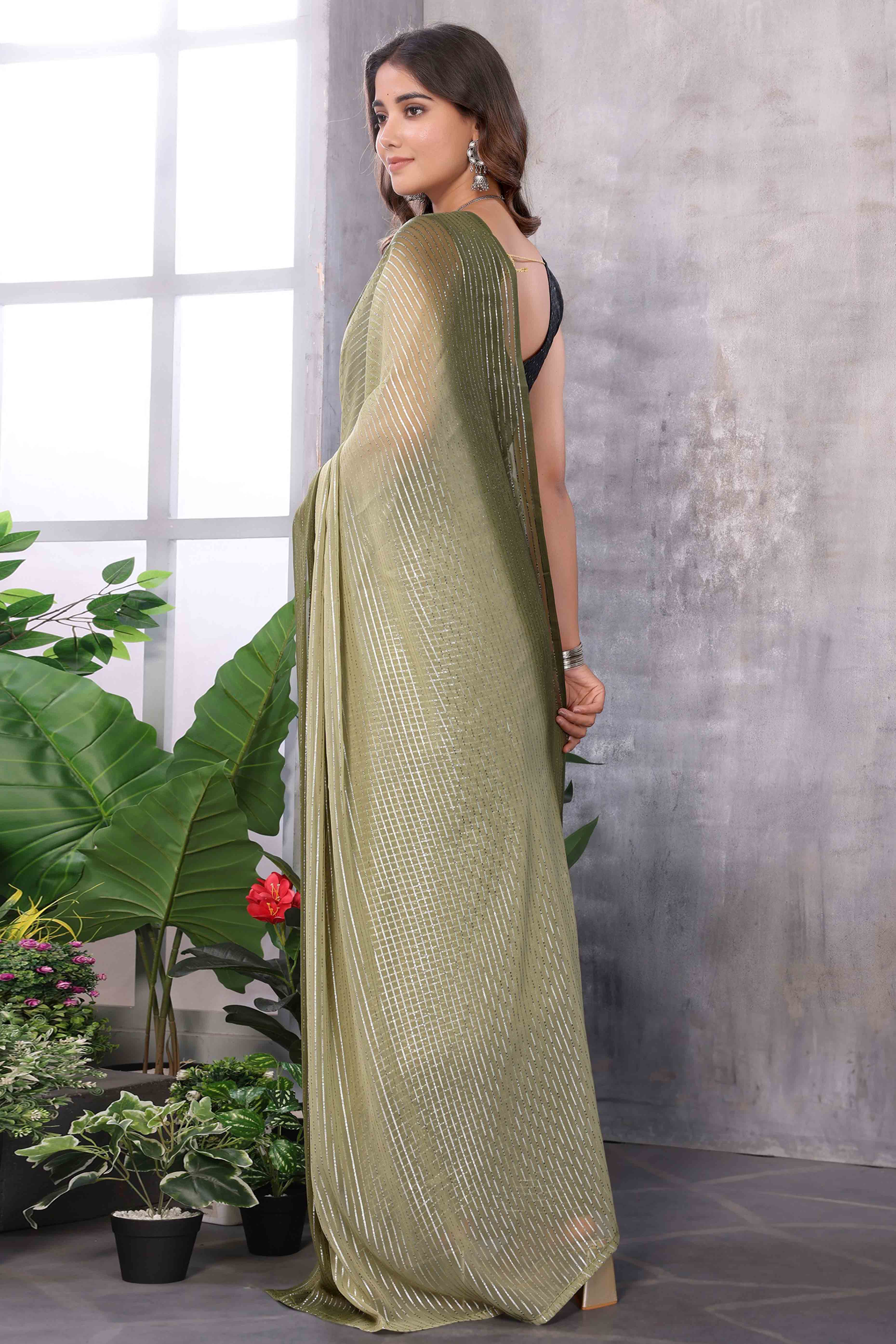 Mehendi Green Striped Zari Woven Art Silk Ready To Wear Saree - Image 5