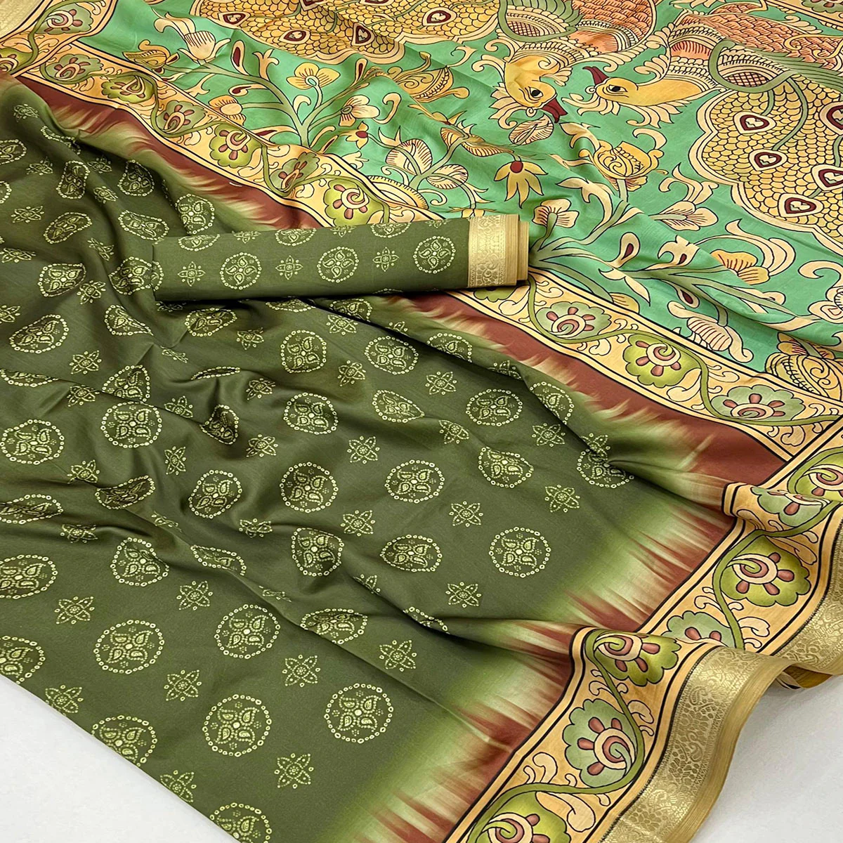 Mehendi Green Traditional Bandhani & Floral Digital Printed Art Silk Saree With Peacock Motif Pallu - Image 2