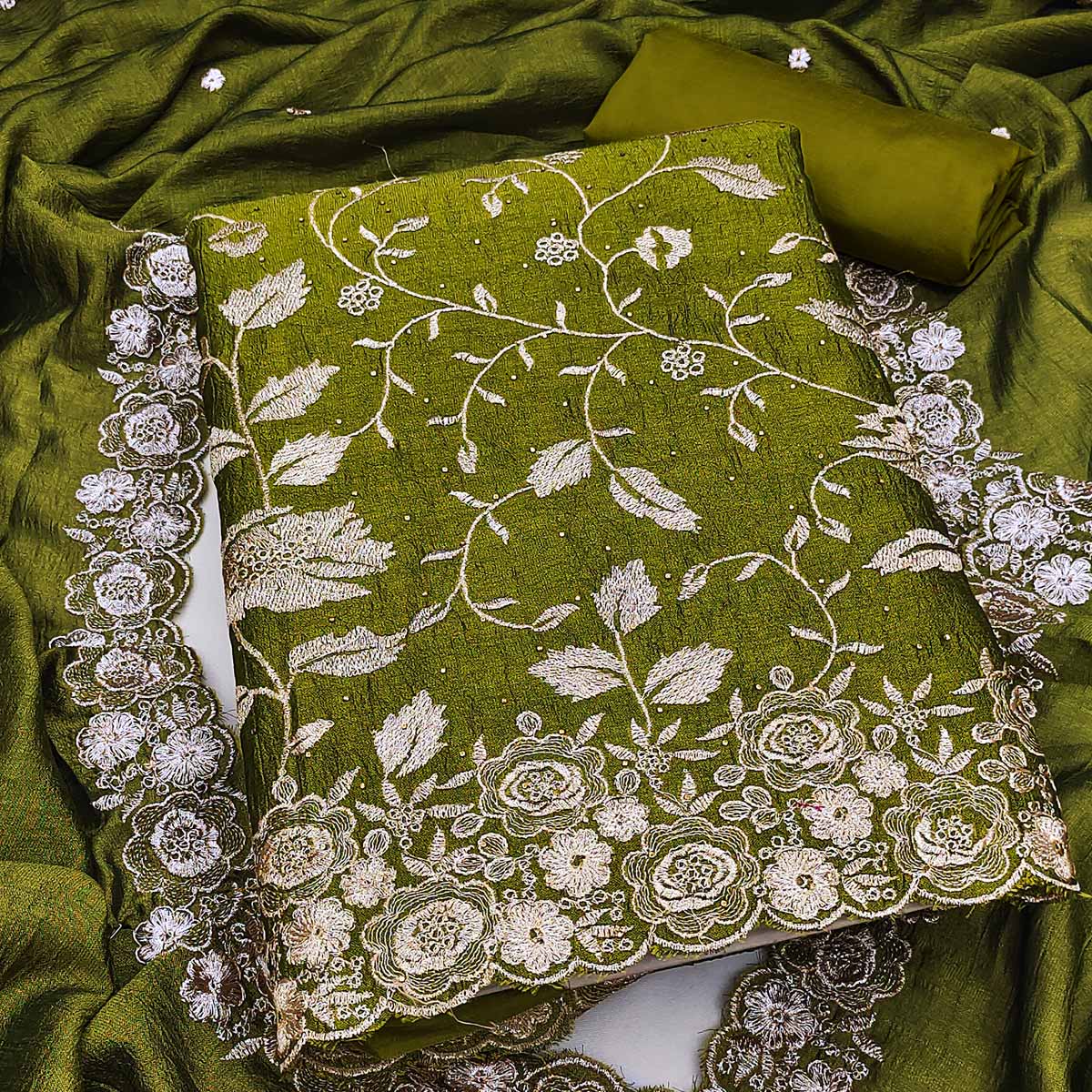 Mehendi Green Vichitra Silk Dress Material With Delicate Floral Embroidery & Sparkling Stone Accent - Image 2