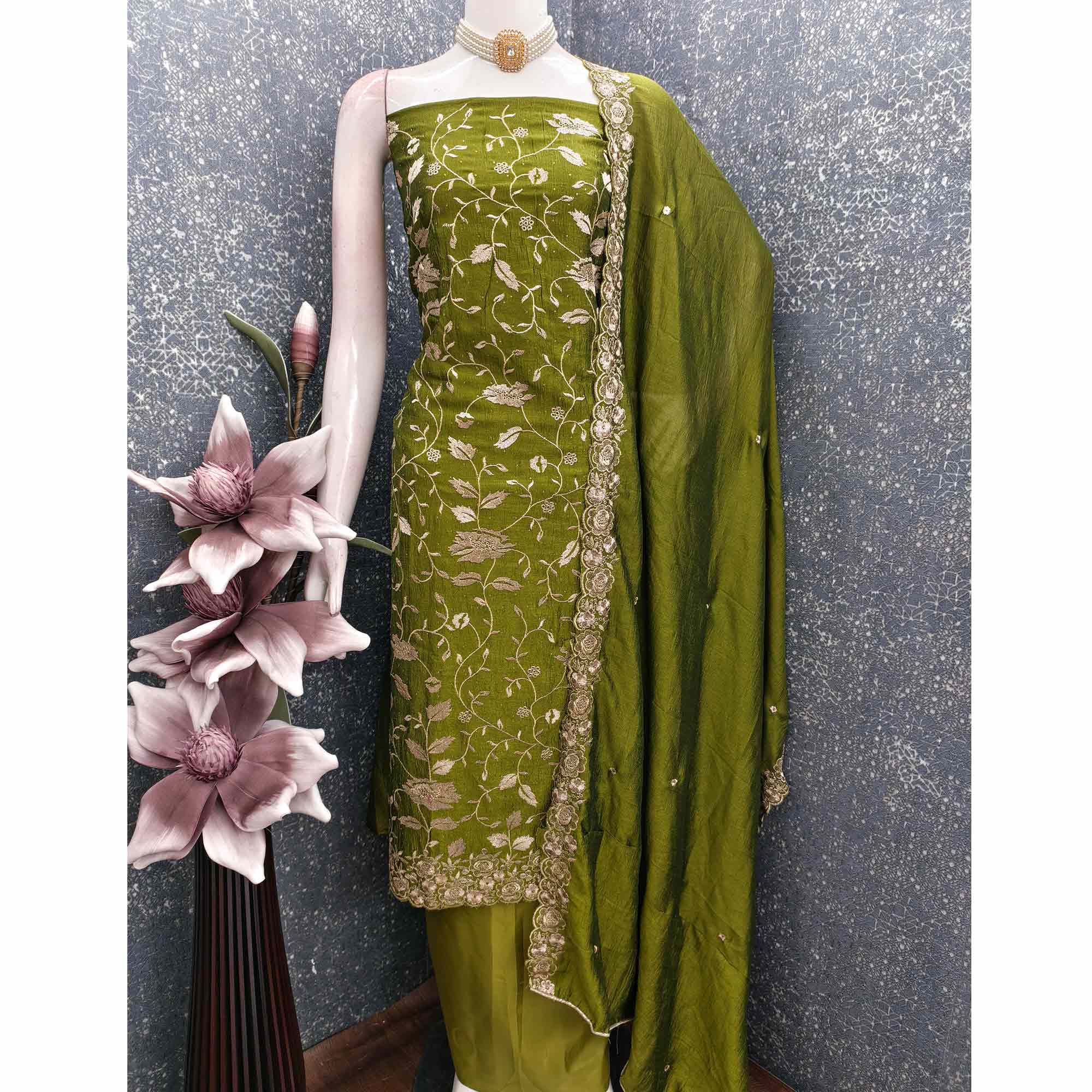 Mehendi Green Vichitra Silk Dress Material With Delicate Floral Embroidery & Sparkling Stone Accent - Image 3