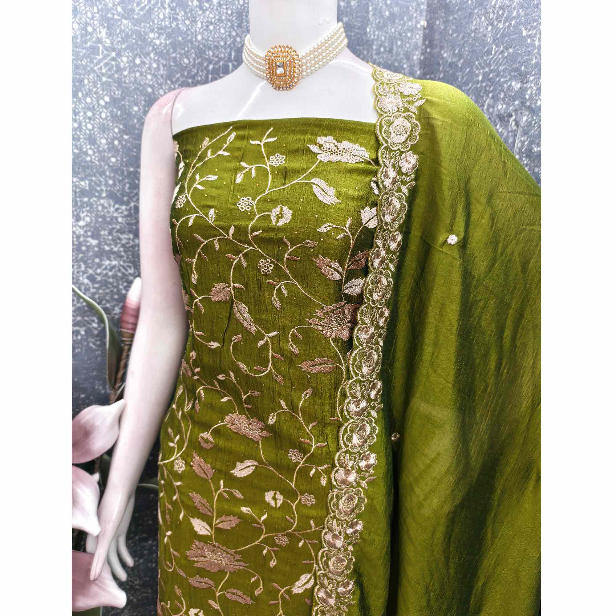Mehendi Green Vichitra Silk Dress Material With Delicate Floral Embroidery & Sparkling Stone Accent - Image 4