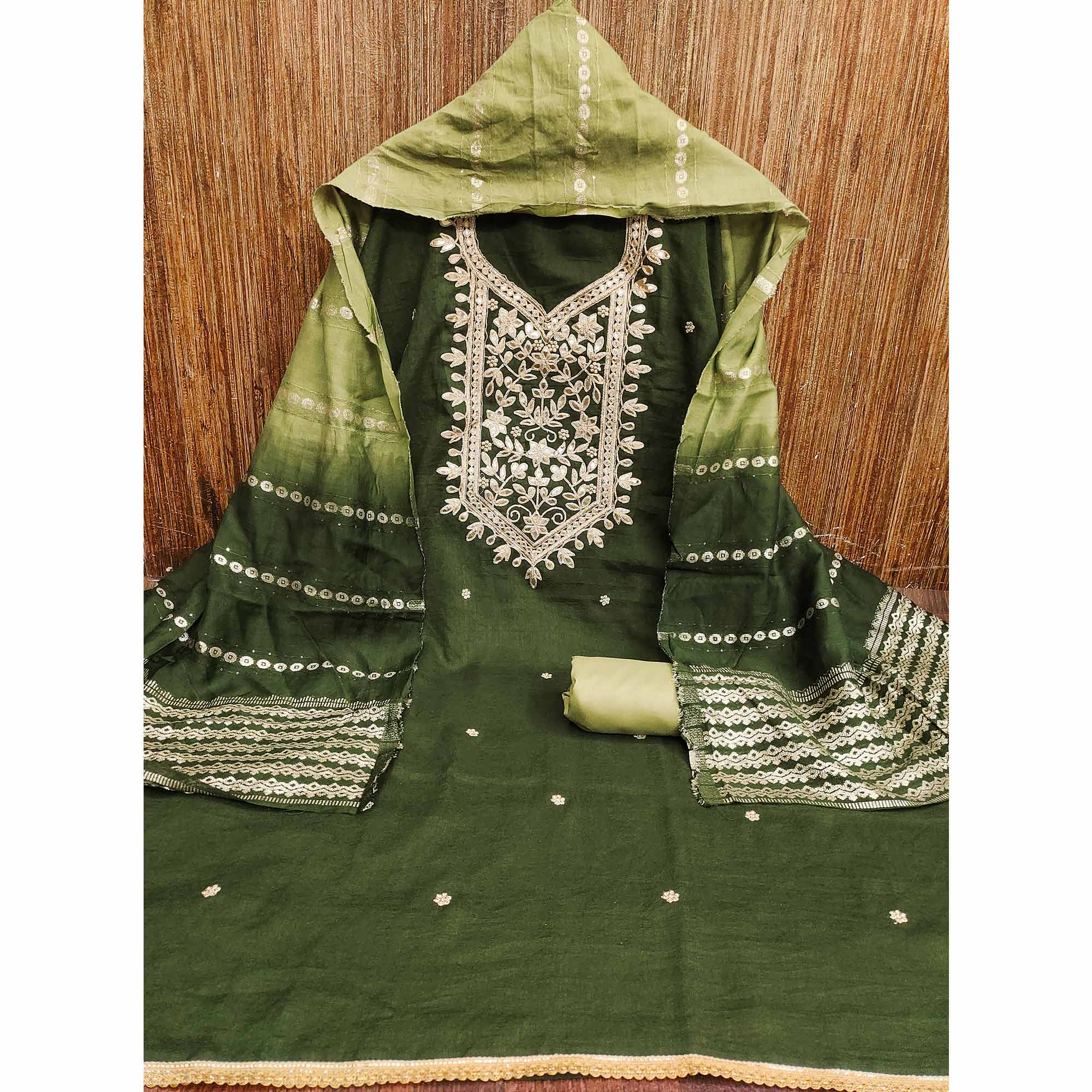 Mehendi Green Vichitra Silk Dress Material With Exquisite Floral Embroidery & Gota Patti Accents - Image 4
