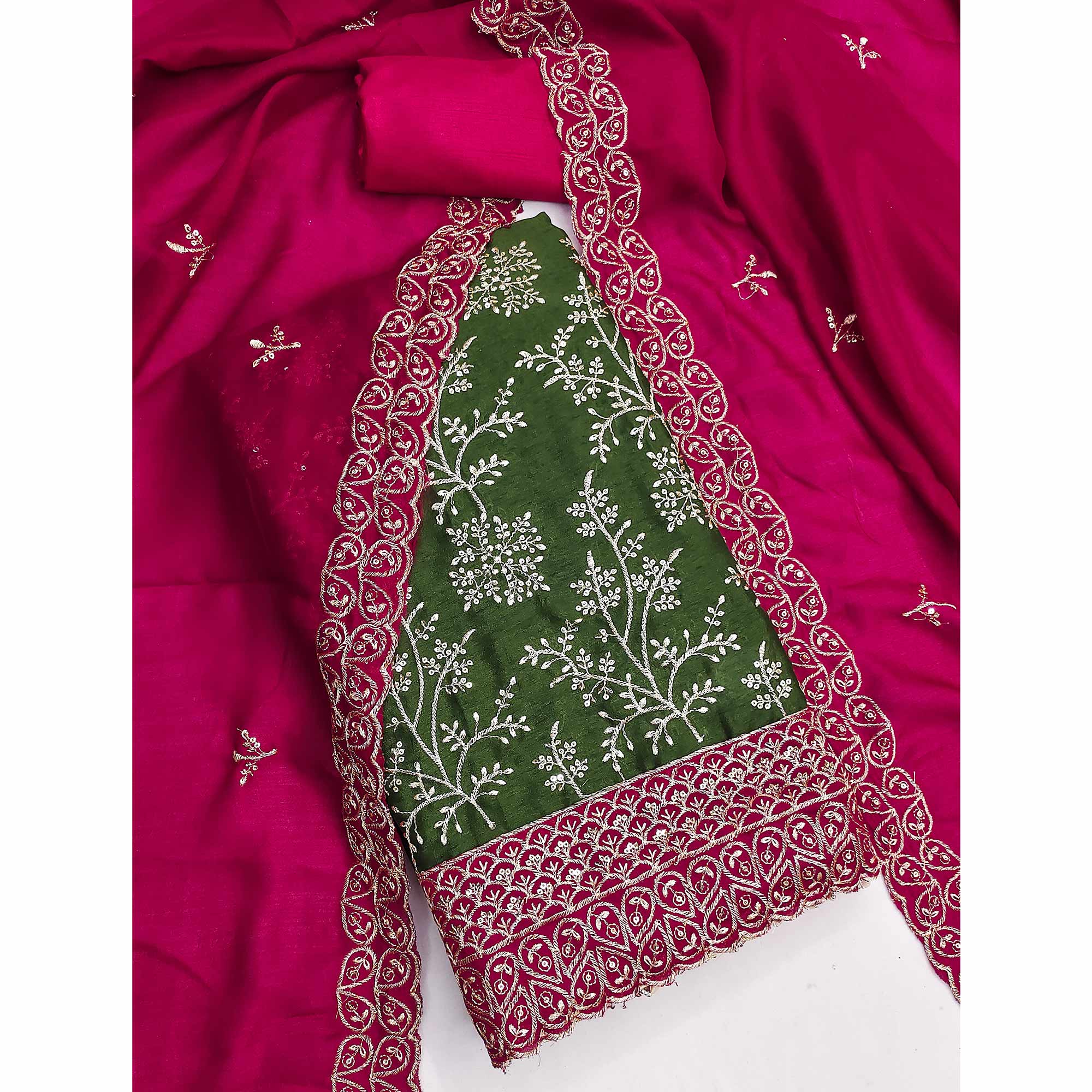 Mehendi Green Vichitra Silk Dress Material With Exquisite Sequins & Zari Embroidery - Image 3
