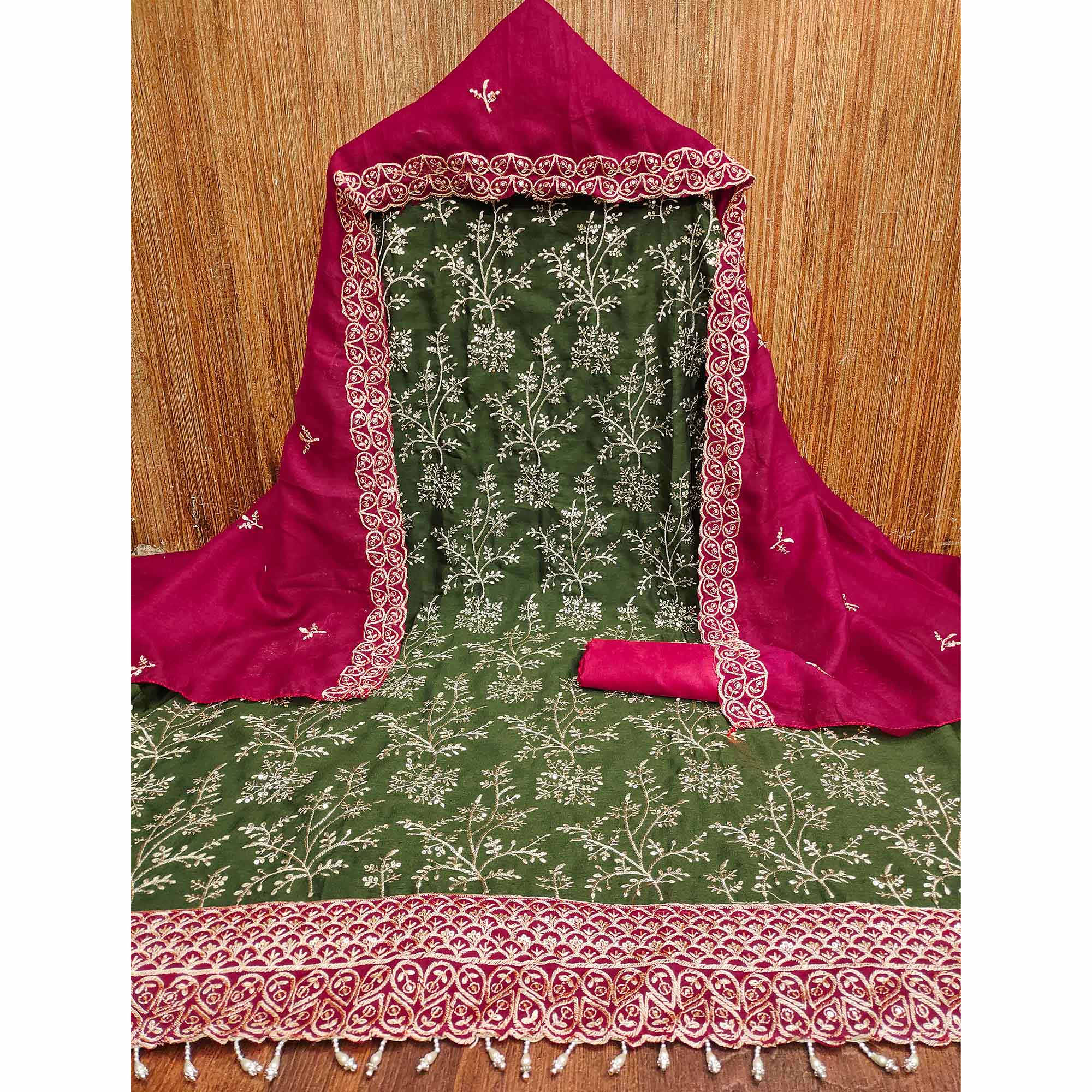 Mehendi Green Vichitra Silk Dress Material With Exquisite Sequins & Zari Embroidery - Image 4