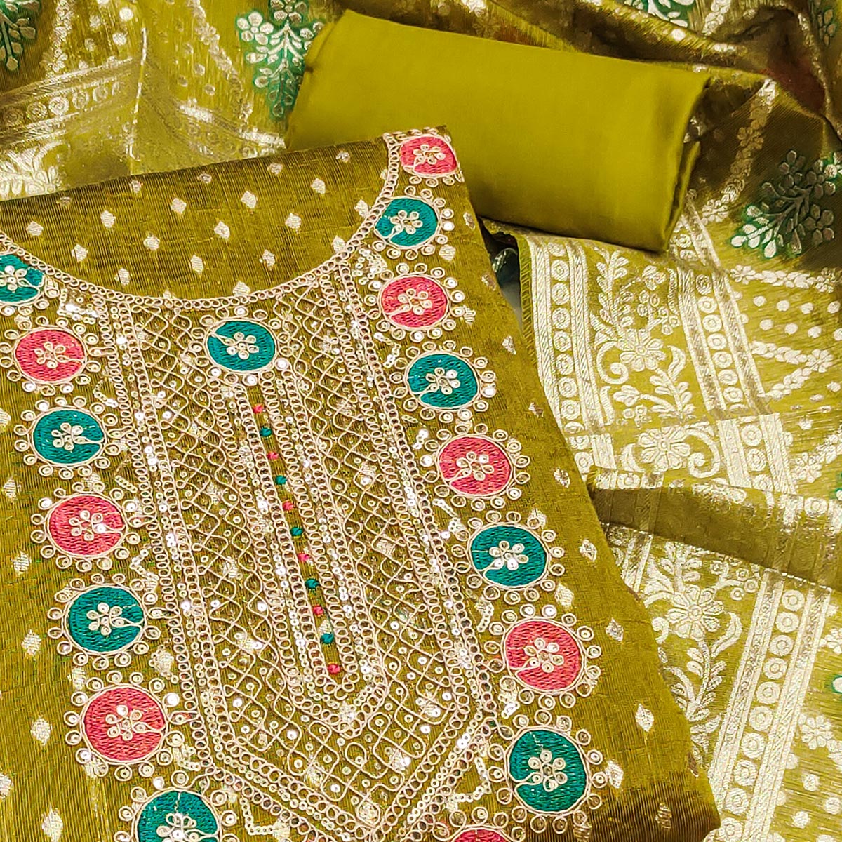 Mehendi Green Woven With Sequins Work Jacquard Dress Material - Image 2