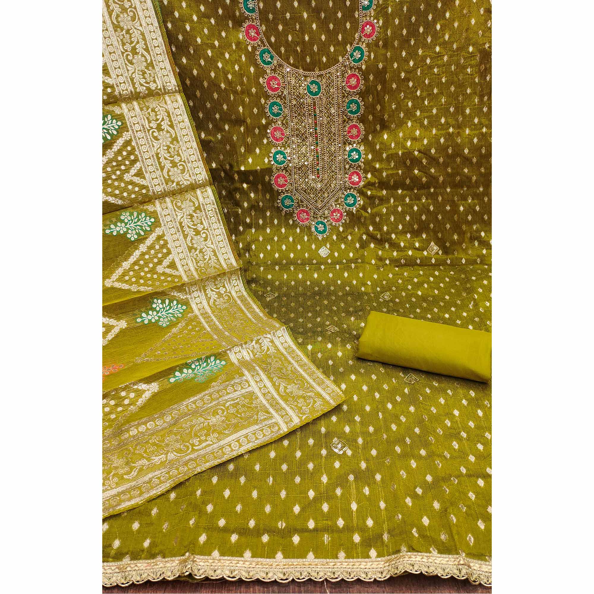 Mehendi Green Woven With Sequins Work Jacquard Dress Material - Image 3