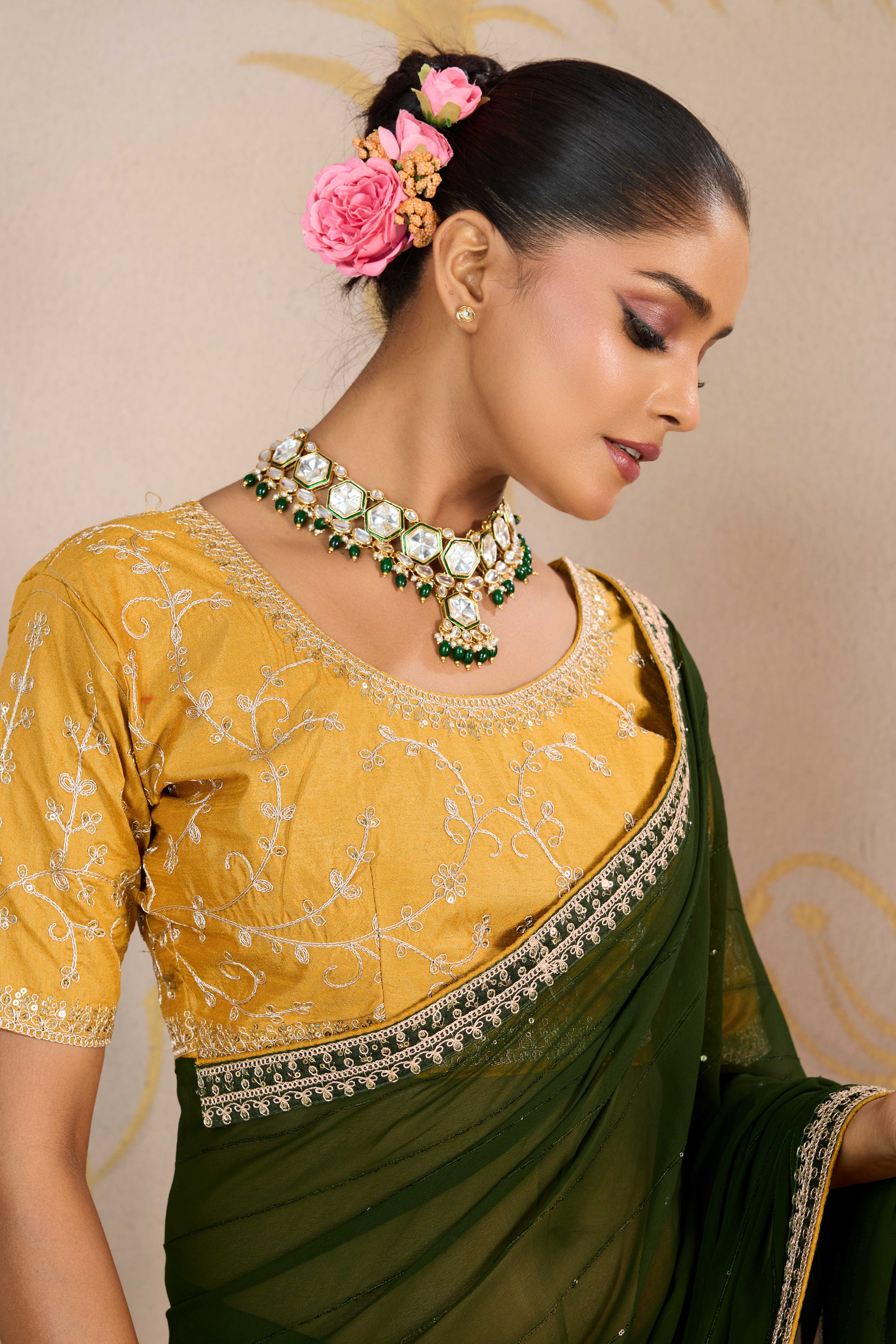 Mehendi Green Zari Embroidered Georgette Saree Accented With Sequins - Image 6