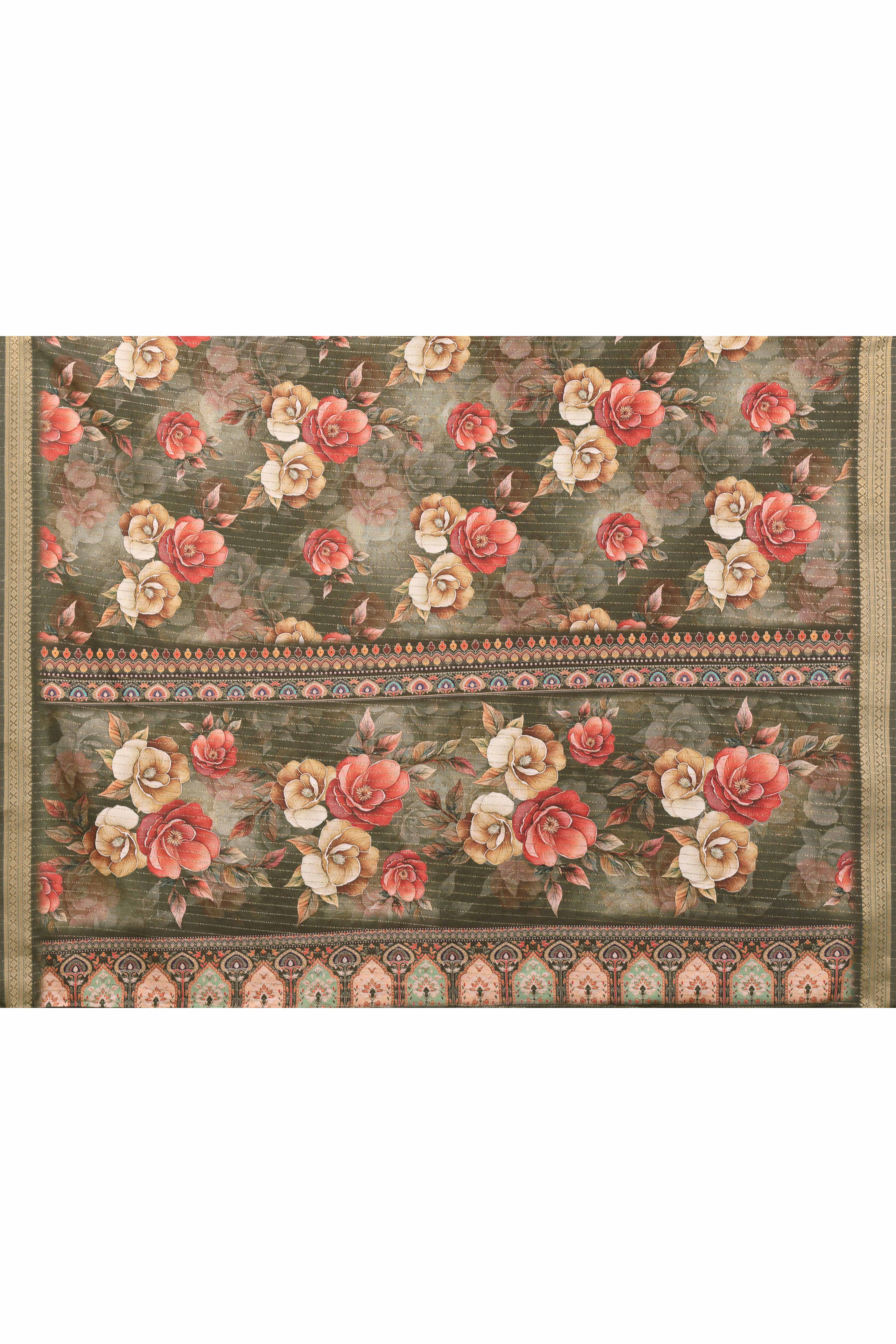 Mehendi Green Zari Woven Saree with Floral Motifs in Cotton Blend Fabric - Image 8