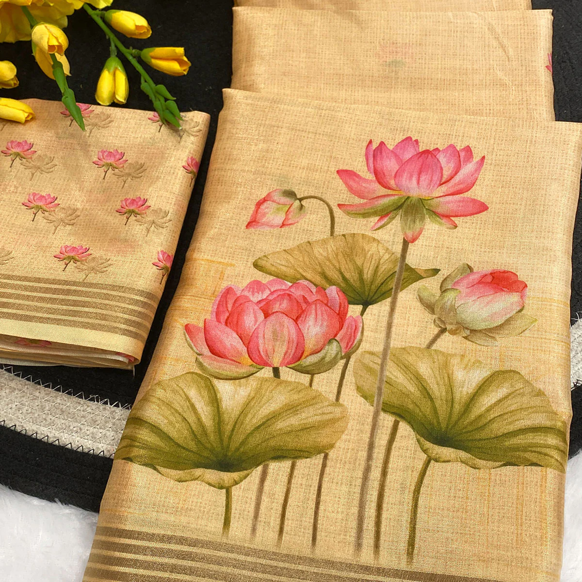 Mellow Yellow Cotton Blend Tusser Saree Adorned With Radha Krishna & Floral Print With Zari Border - Image 2