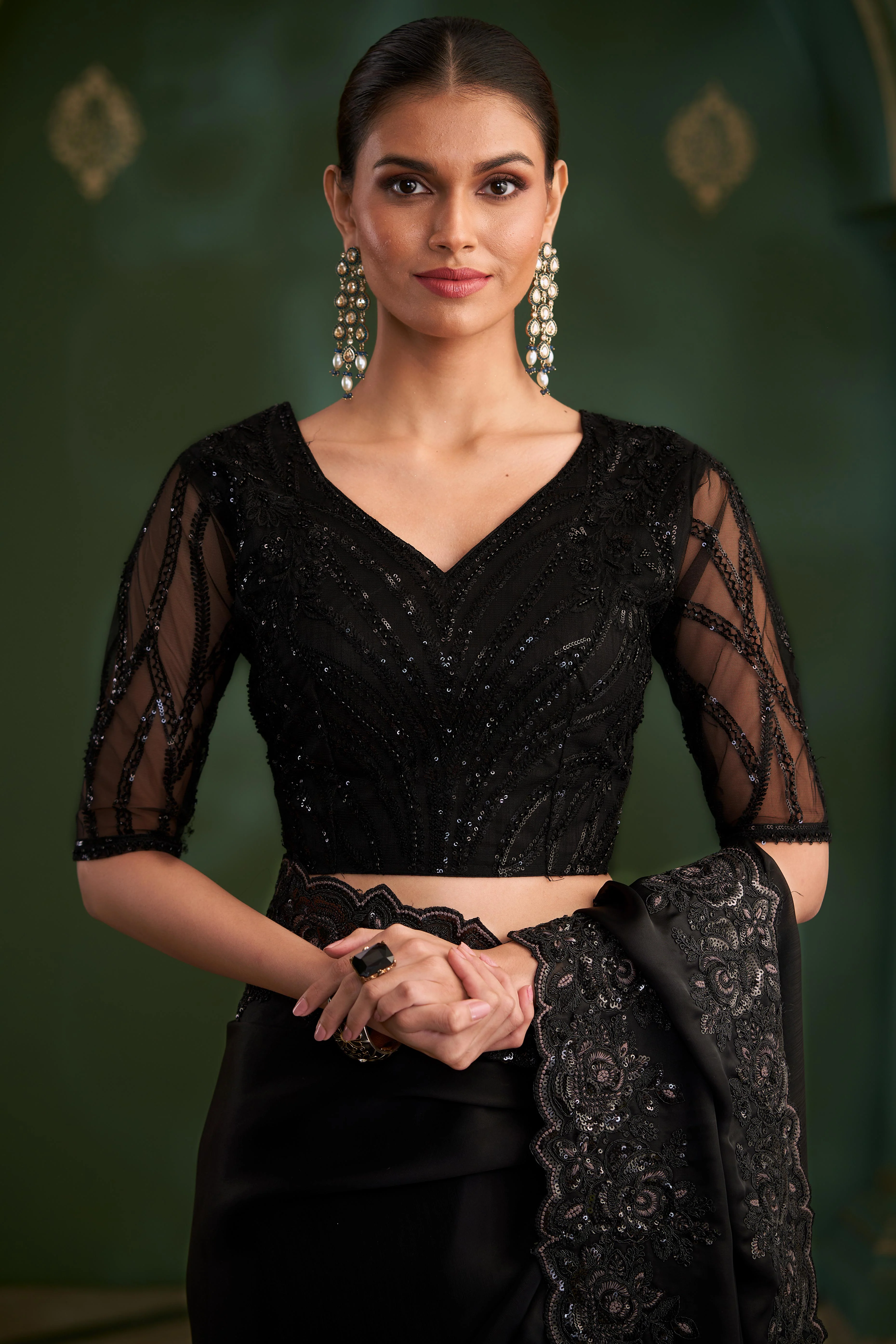 Mesmerizing Black Georgette Saree Adorned With Floral Cording Sequins Embroidery & Cutwork Border - Image 3