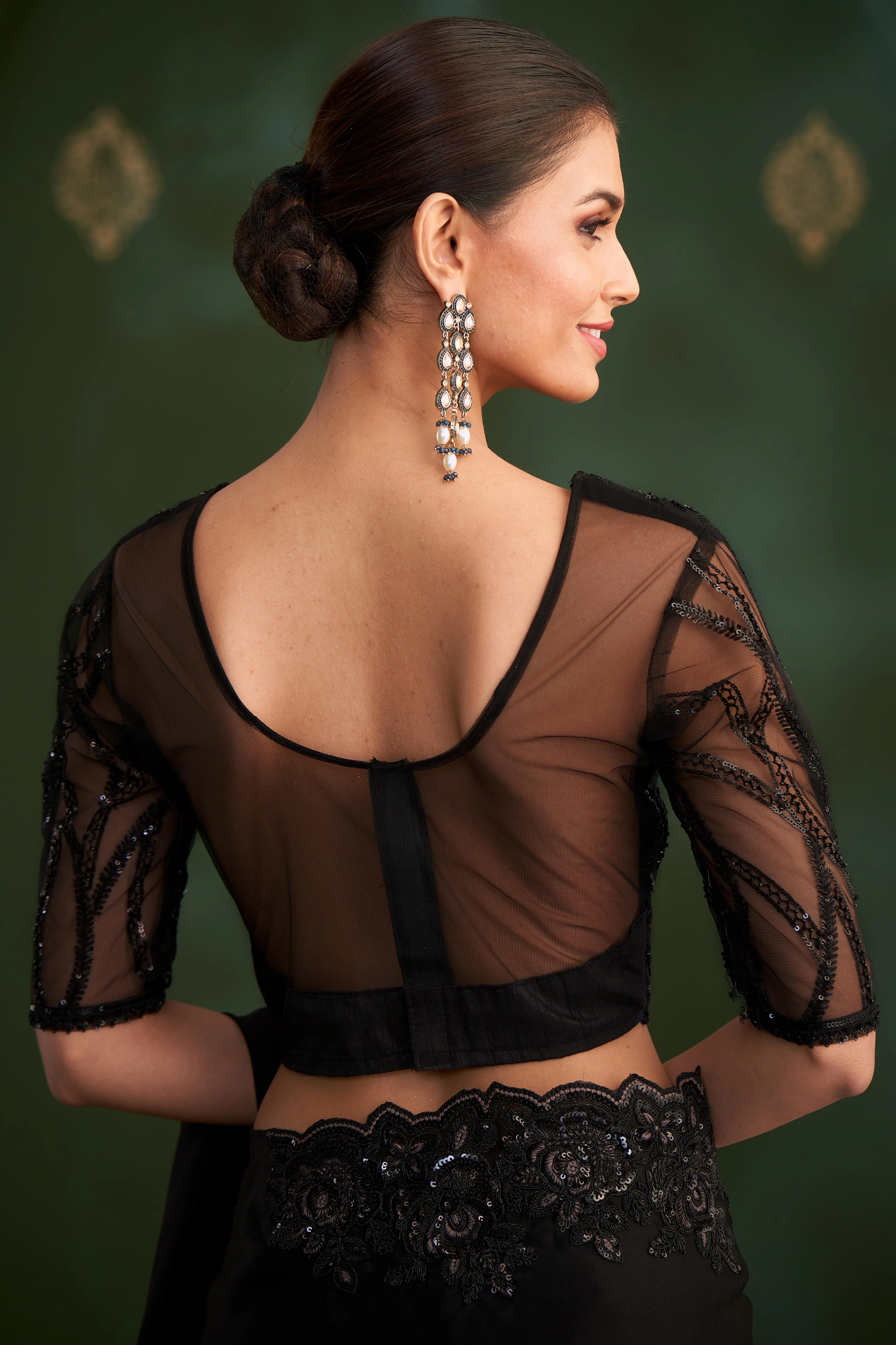 Mesmerizing Black Georgette Saree Adorned With Floral Cording Sequins Embroidery & Cutwork Border - Image 5