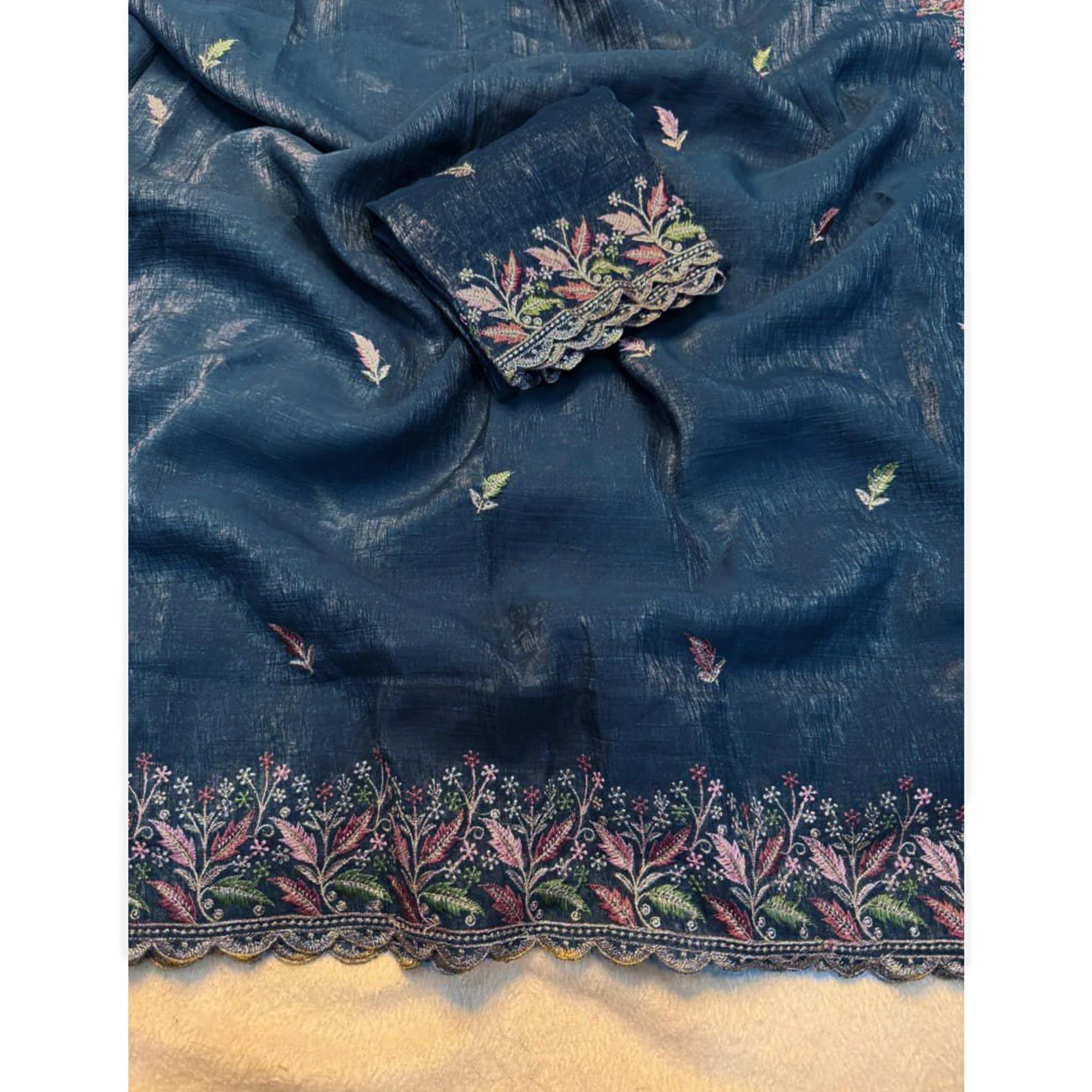 Mesmerizing Blue Chiffon Saree Showcasing Artistic Floral Embroidery For A Luxurious Appeal - Image 3