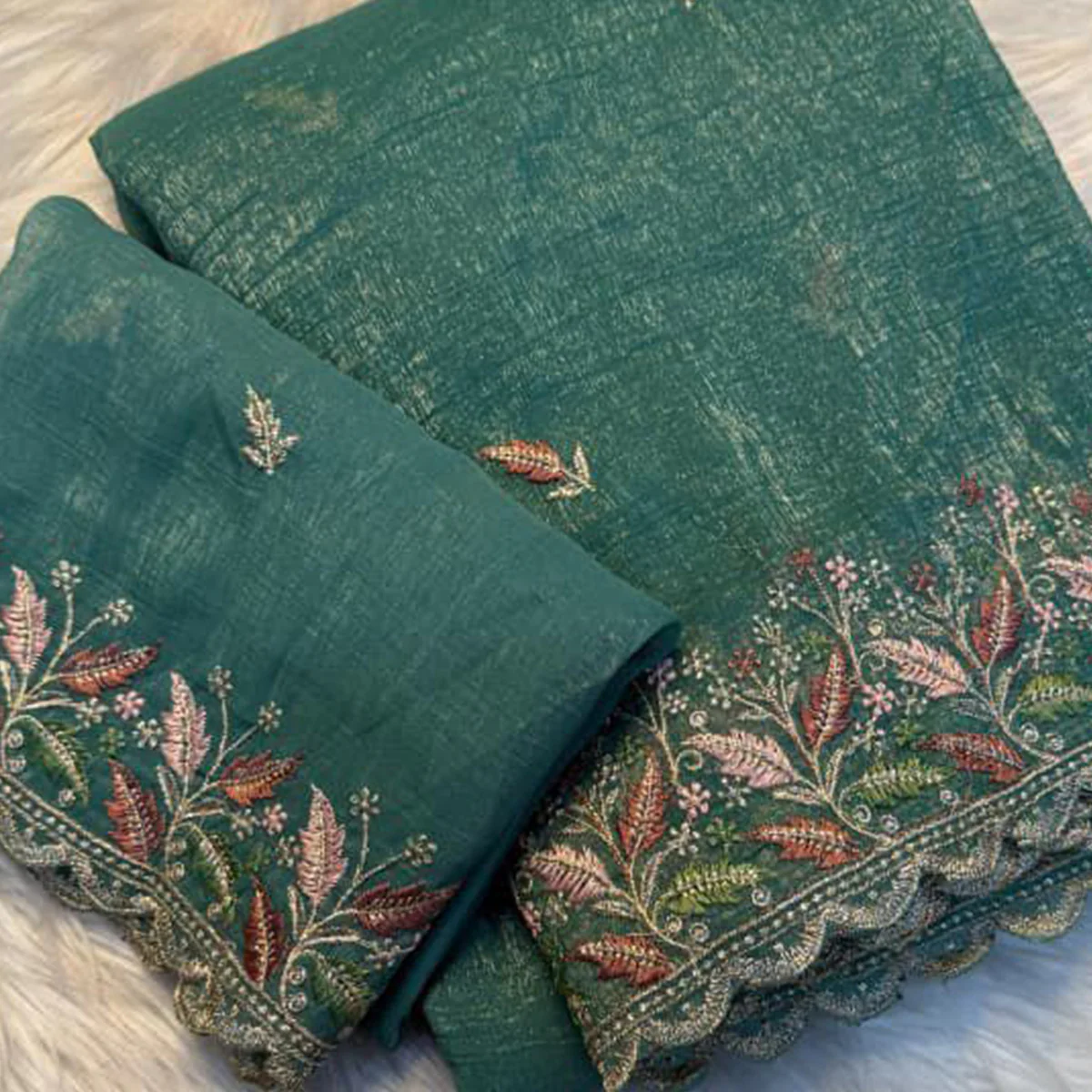 Mesmerizing Rama Green Chiffon Saree Showcasing Artistic Floral Embroidery For A Luxurious Appeal - Image 2